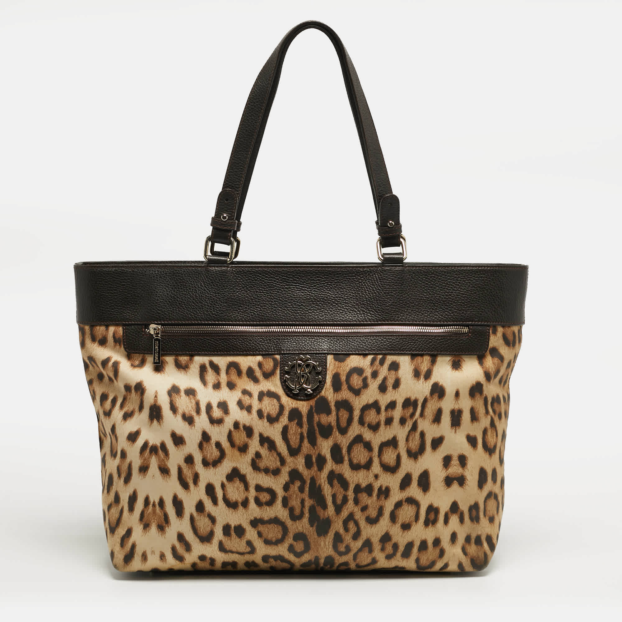 Roberto Cavalli Top Zip Brown Leopard Print Fabric And Leather Totes