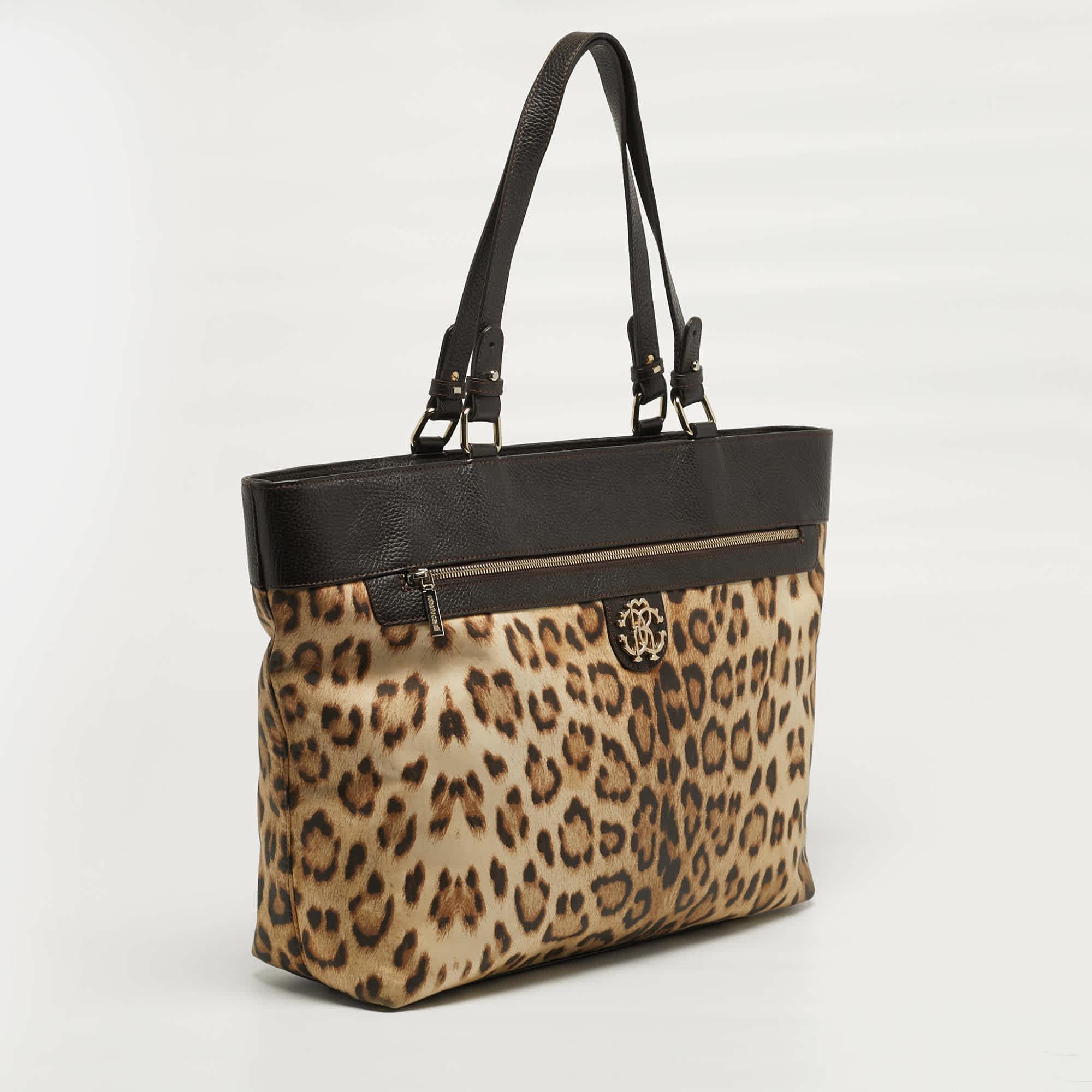 Roberto Cavalli Top Zip Brown Leopard Print Fabric And Leather Totes
