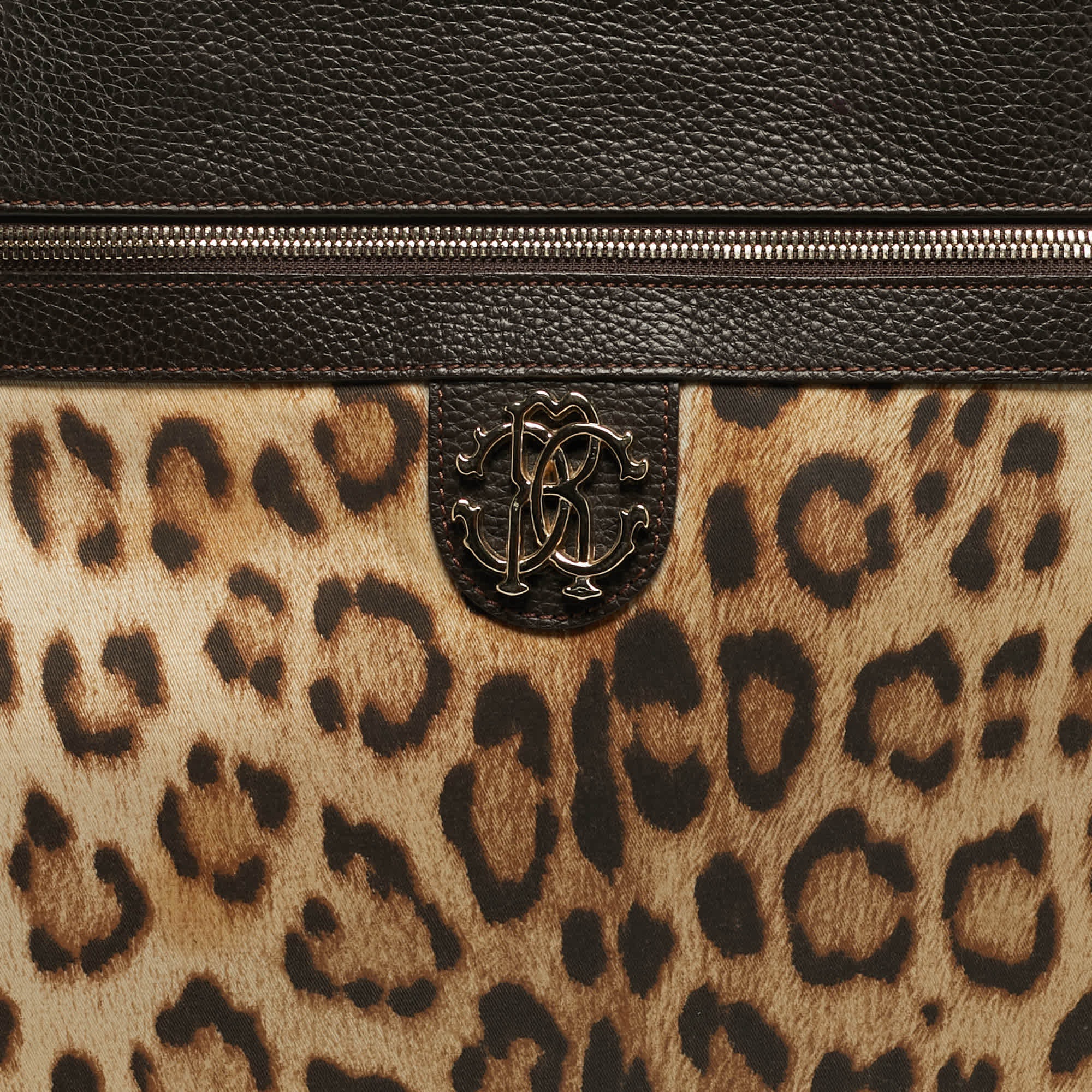 Roberto Cavalli Top Zip Brown Leopard Print Fabric And Leather Totes