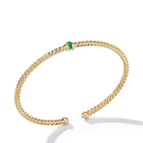 David Yurman Cable Classics Center Station Bracelet in 18K Yellow Gold with Pavé Emeralds, Size Medium