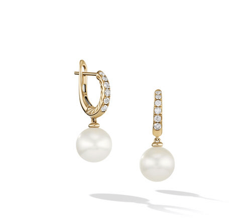 David Yurman Pearl and Pavé Drop Earrings in 18K Yellow Gold with Diamonds