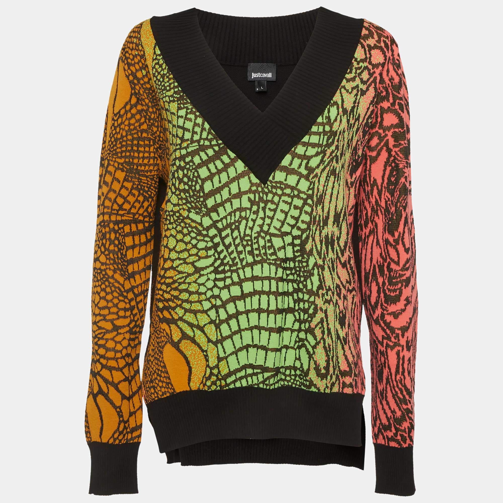 Just Cavalli Multicolour Animal Pattern Knit V - Neck Sweater