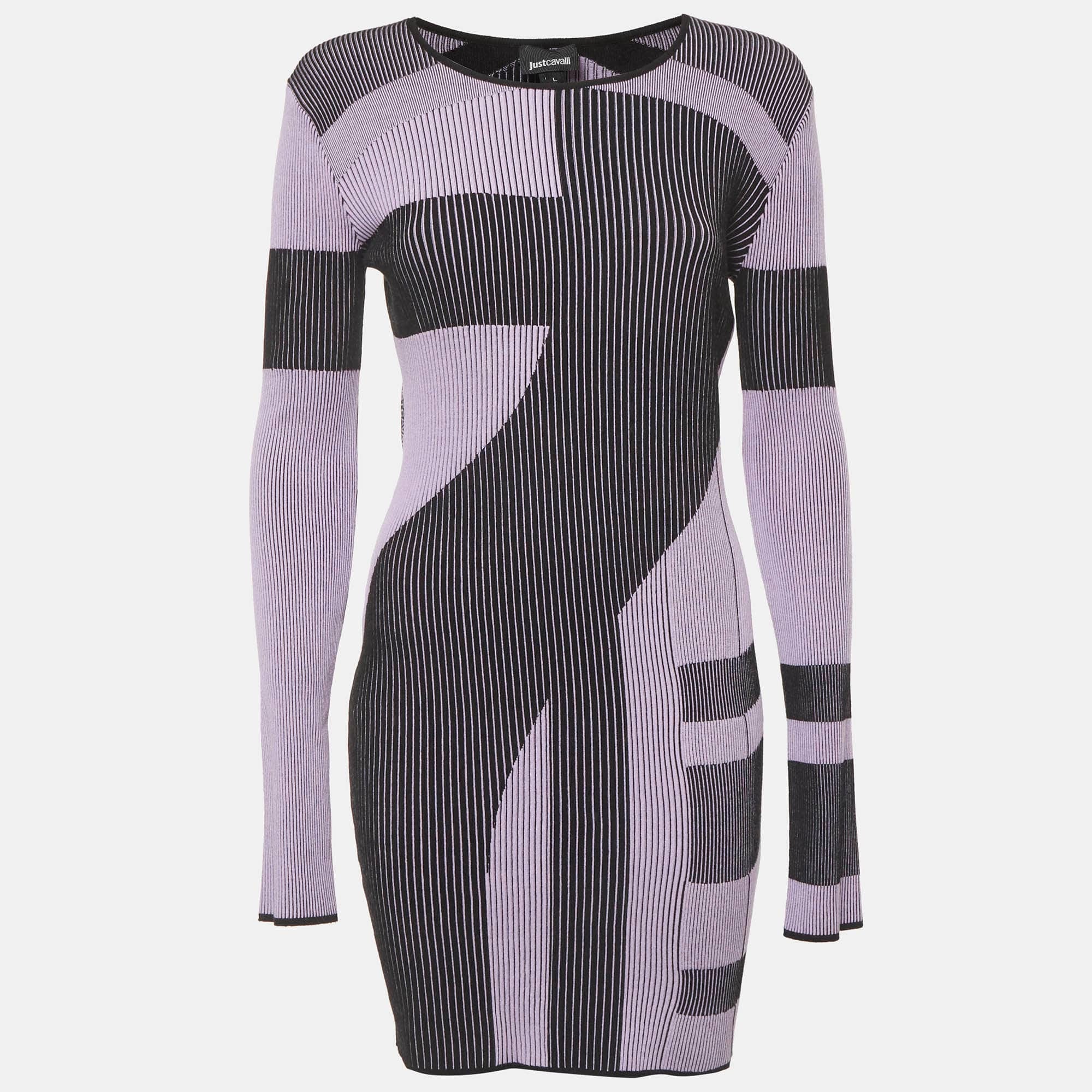 Just Cavalli Black/lilac Patterned Rib Knit Mini Dress