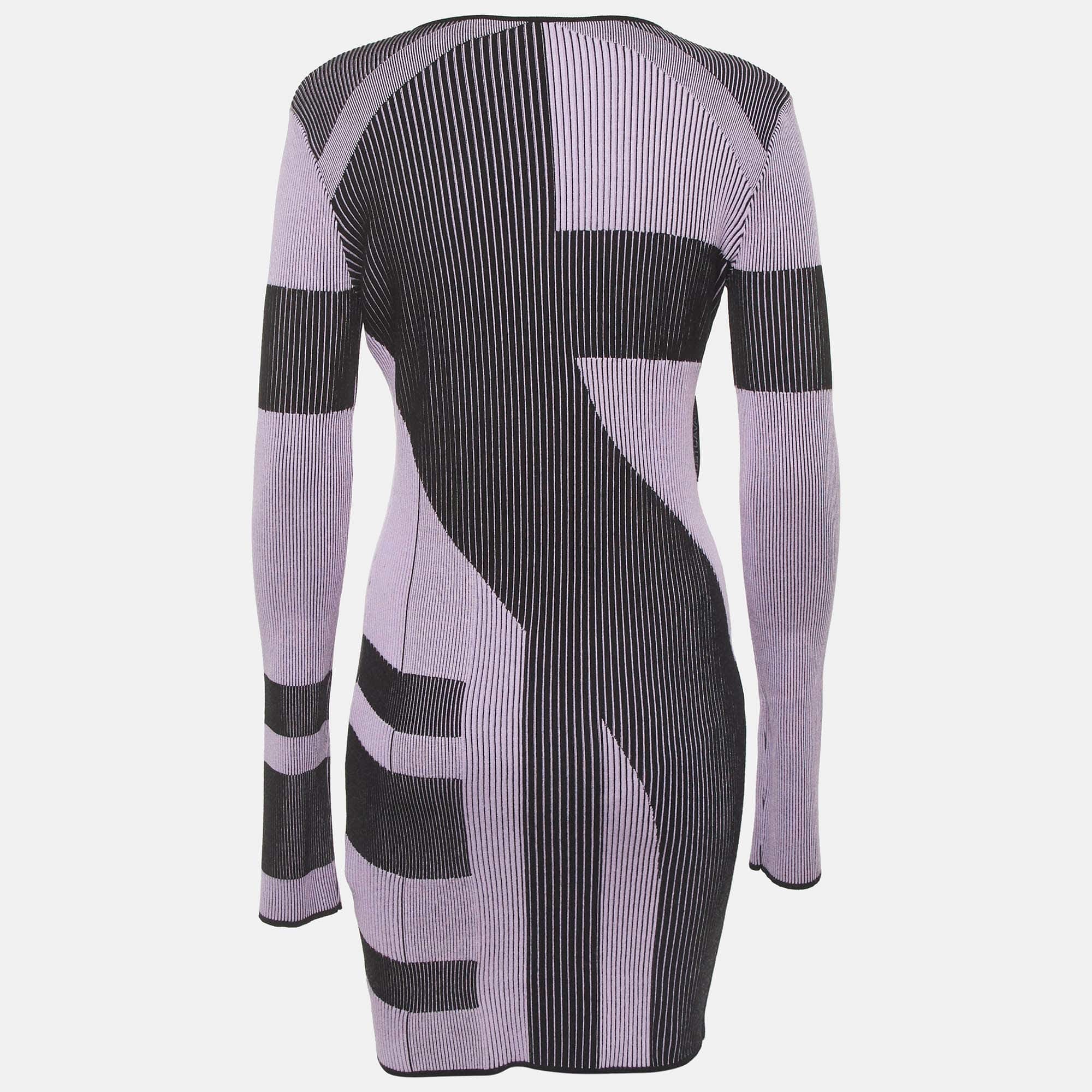 Just Cavalli Black/lilac Patterned Rib Knit Mini Dress