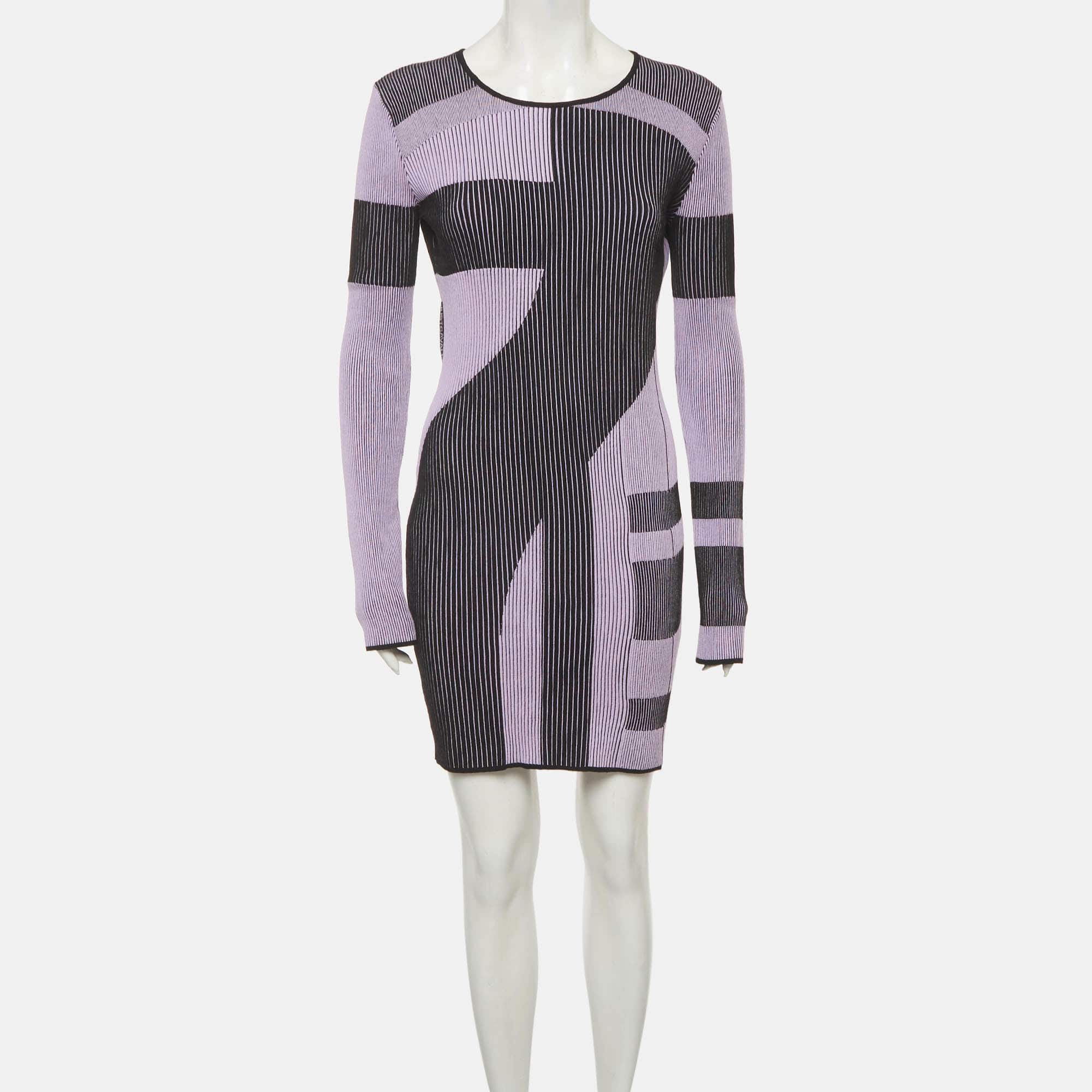 Just Cavalli Black/lilac Patterned Rib Knit Mini Dress