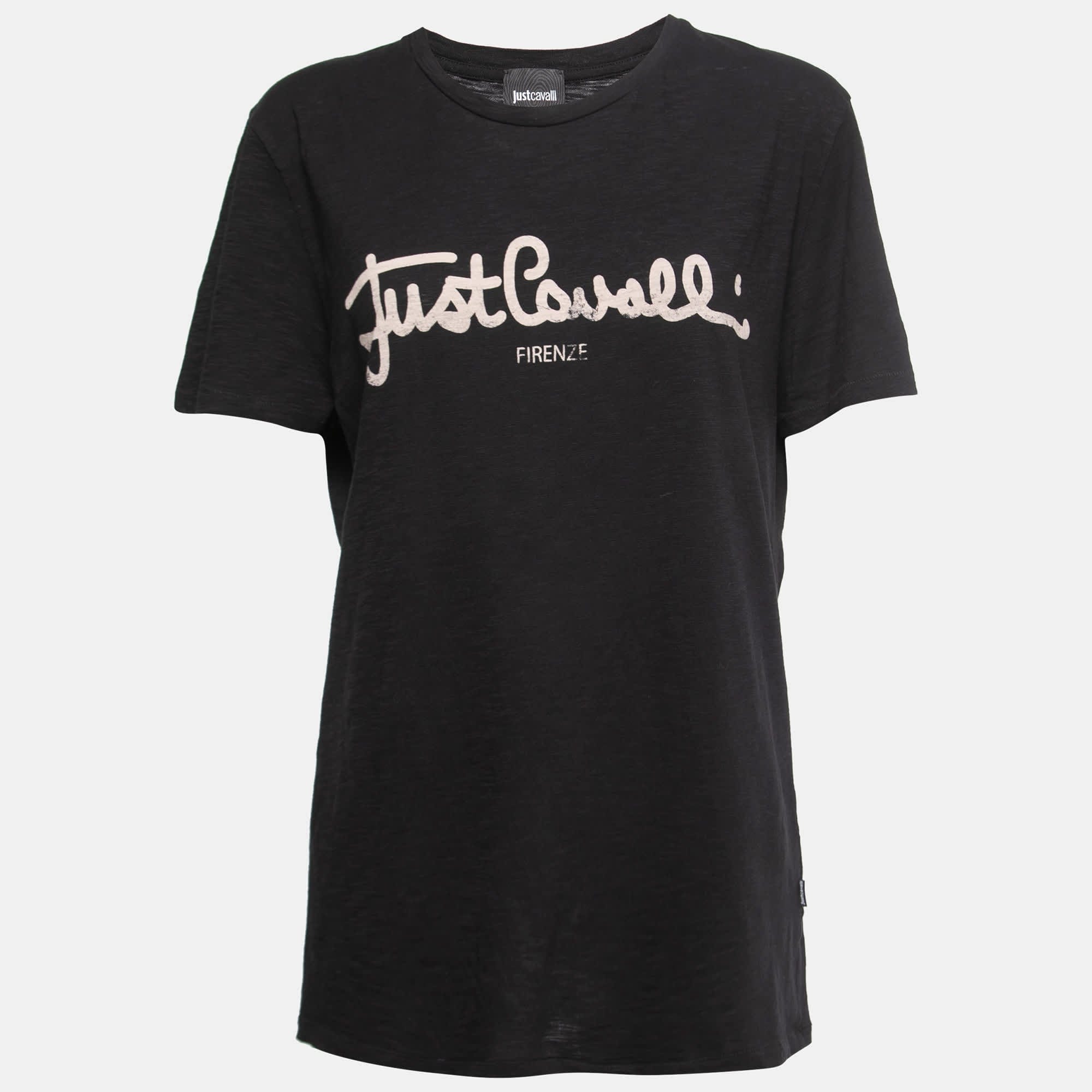 Just Cavalli Black Logo Print Cotton Crew Neck T - Shirt