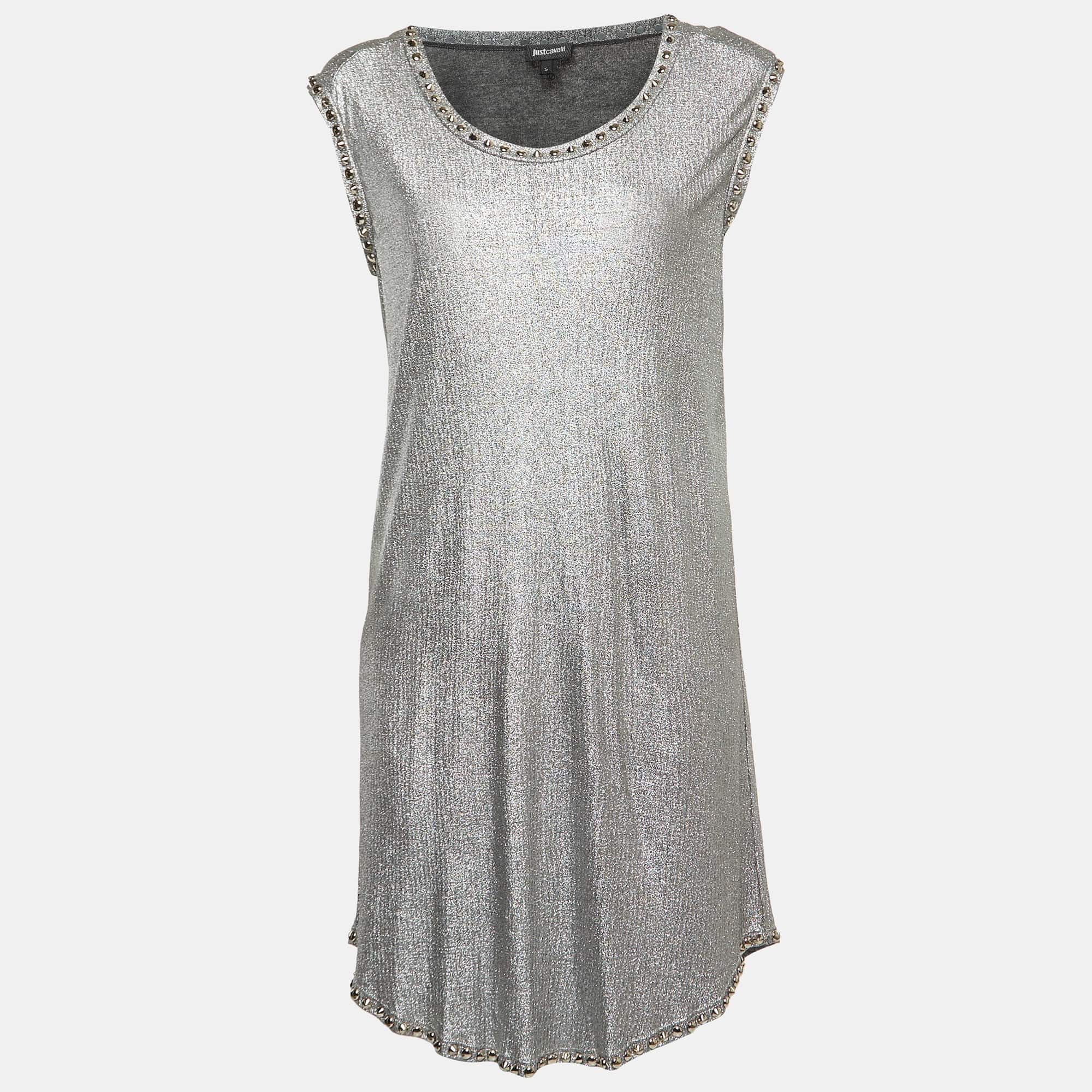 Just Cavalli Metallic Silver Lamé Jersey Metal Embellished Mini Dress