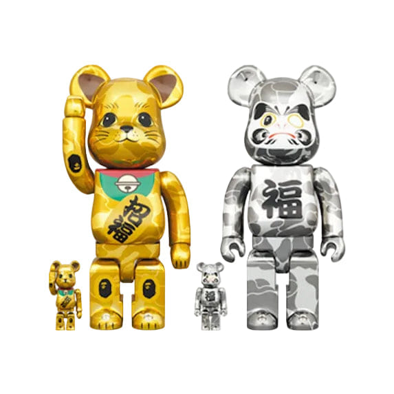 Bearbrick x BAPE Maneki Neko & Daruma 100% & 400% 4 - Pc Set Gold & Silver Plated
