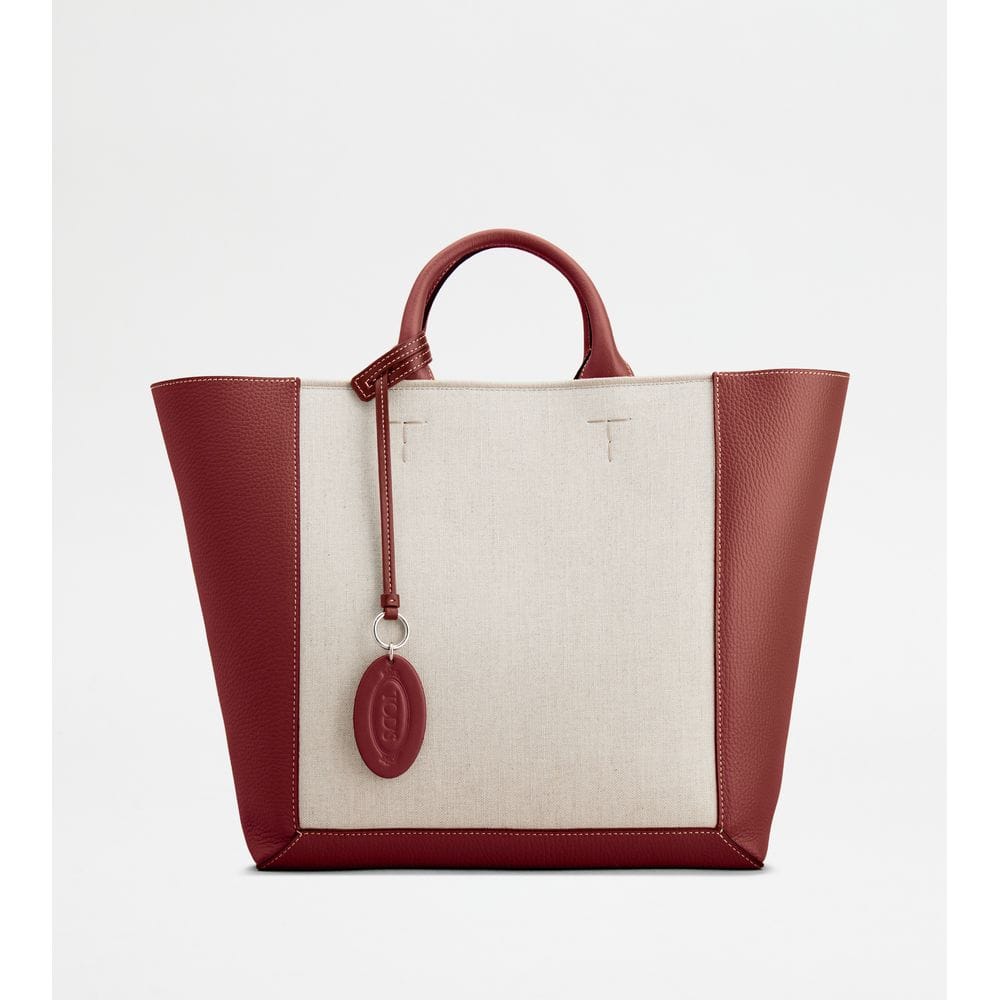Tod's Tods Double Up Shopping Bag In Leather And Canvas Cny Medium Beige Red