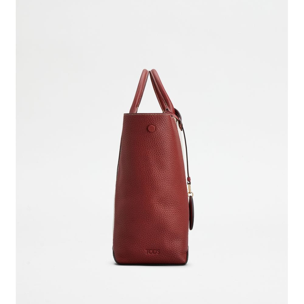 Tod's Tods Double Up Shopping Bag In Leather And Canvas Cny Medium Beige Red
