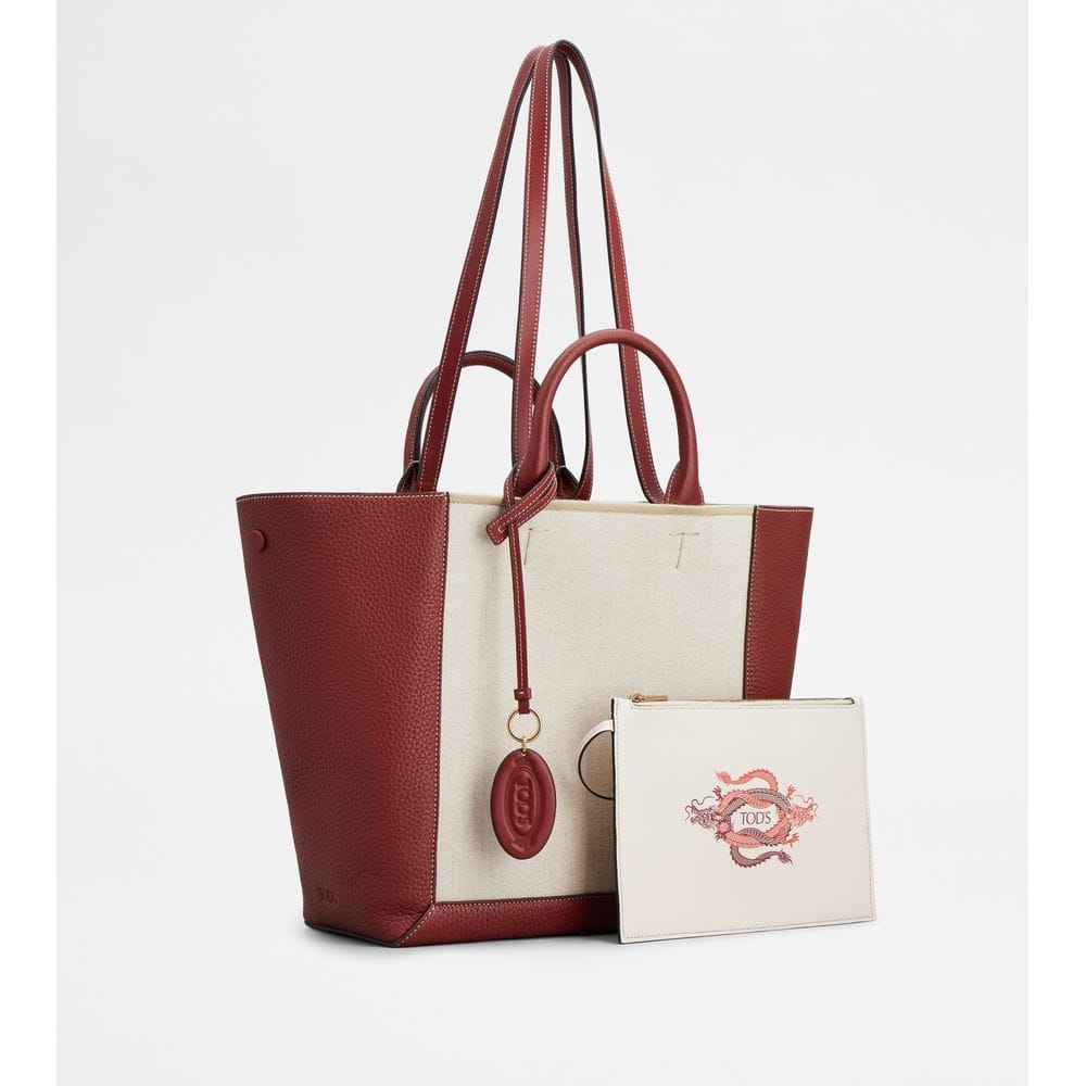 Tod's Tods Double Up Shopping Bag In Leather And Canvas Cny Medium Beige Red