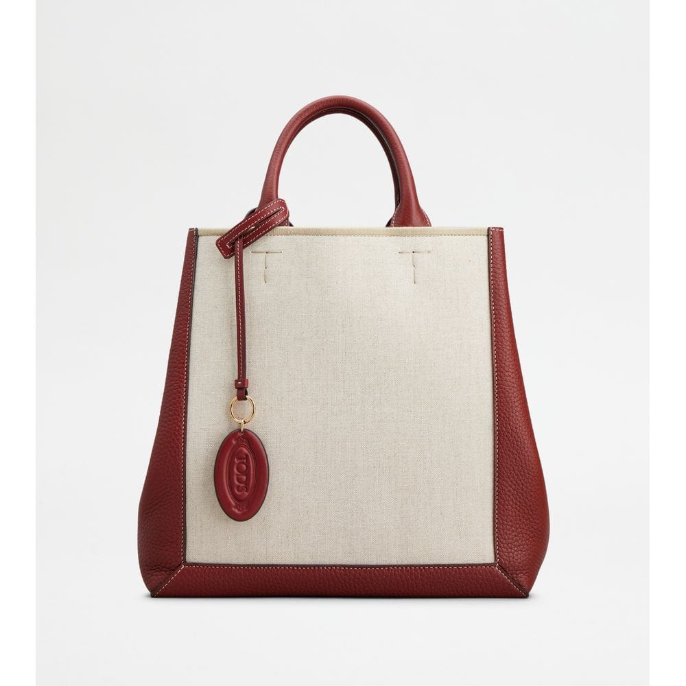Tod's Tods Double Up Shopping Bag In Leather And Canvas Cny Medium Beige Red
