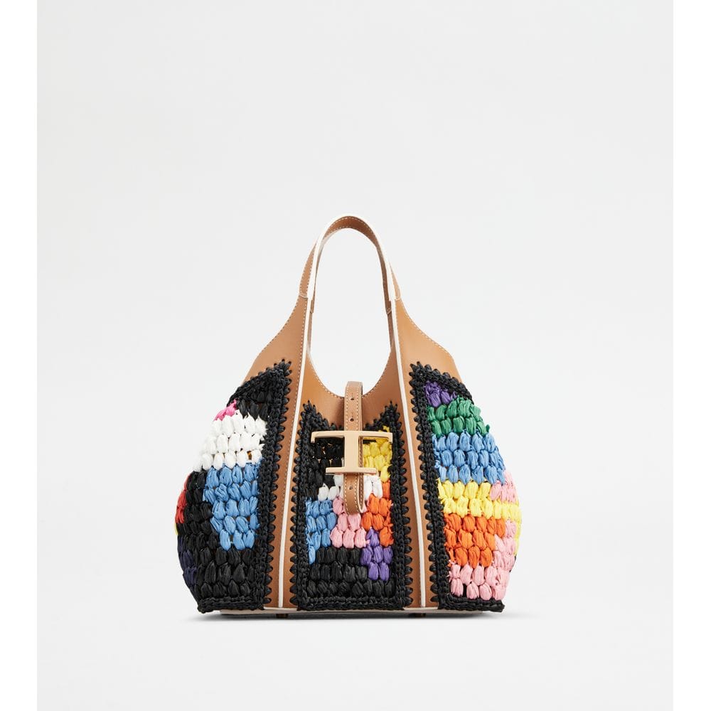 Tod's Tods T Timeless Shopping Bag In Leather And Raffia Mini Brown Black Light Blue