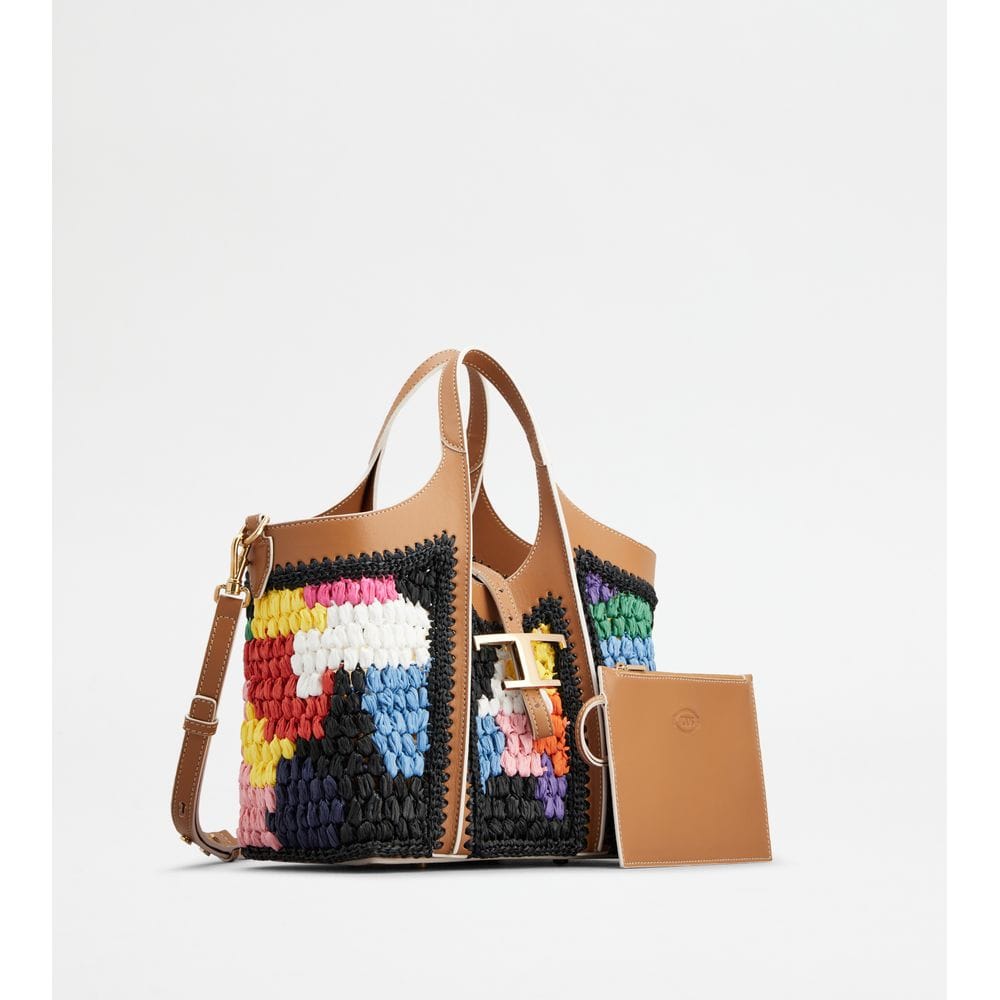 Tod's Tods T Timeless Shopping Bag In Leather And Raffia Mini Brown Black Light Blue