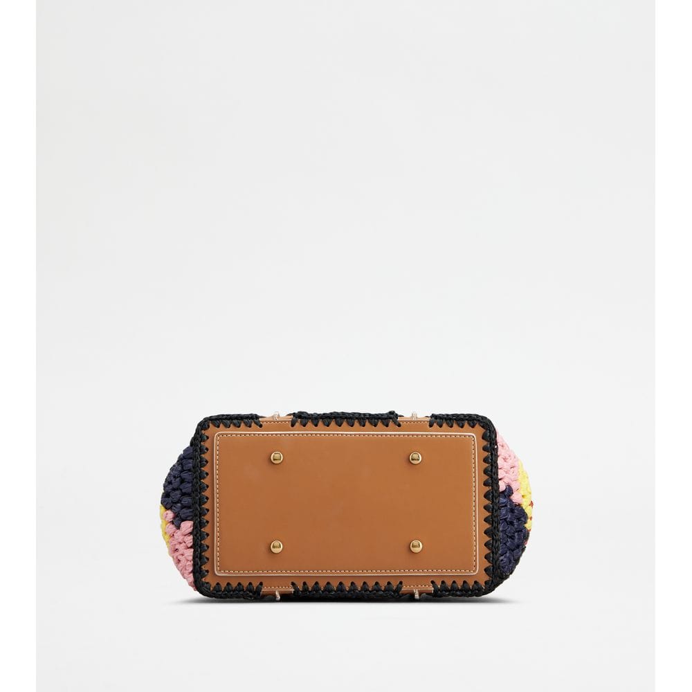 Tod's Tods T Timeless Shopping Bag In Leather And Raffia Mini Brown Black Light Blue