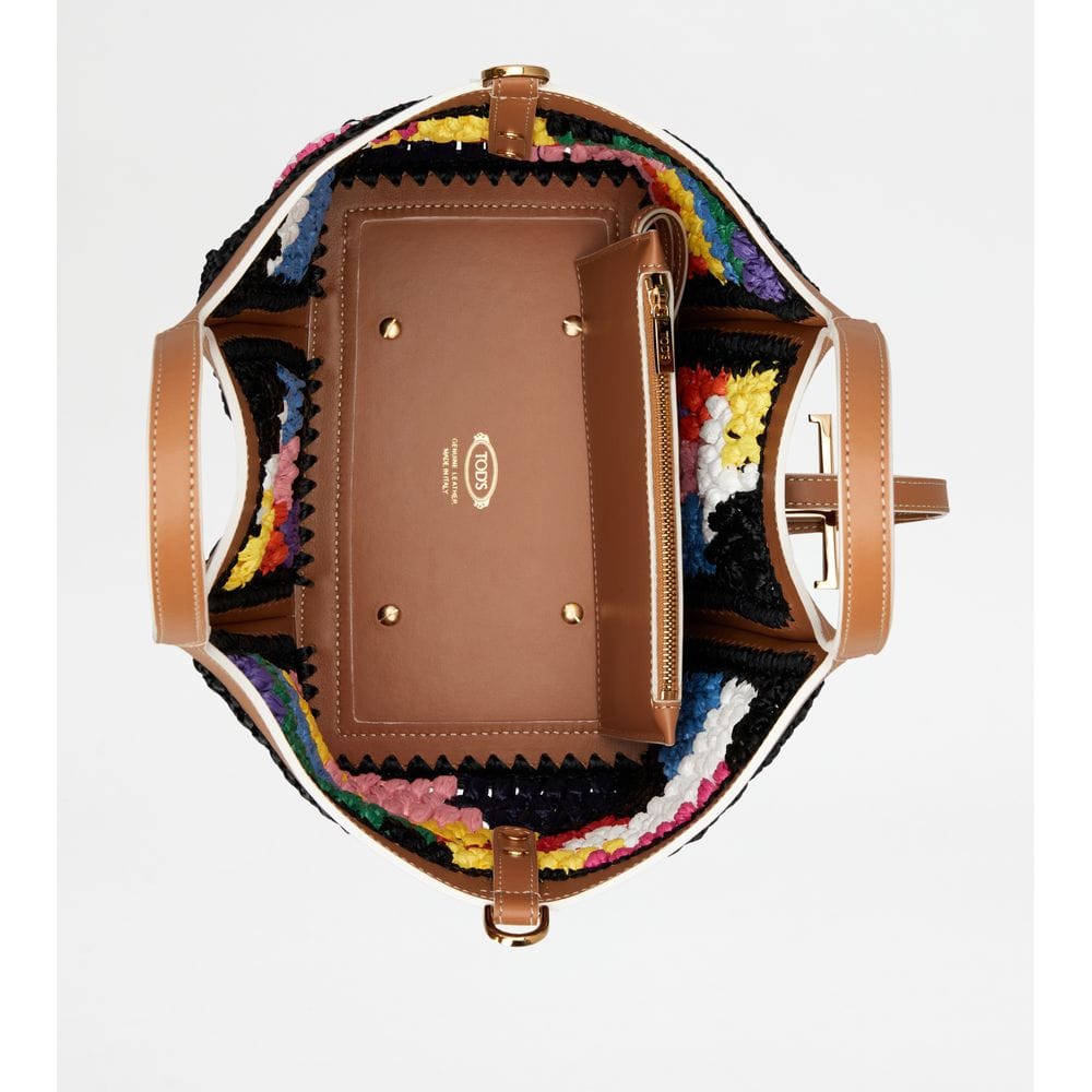 Tod's Tods T Timeless Shopping Bag In Leather And Raffia Mini Brown Black Light Blue
