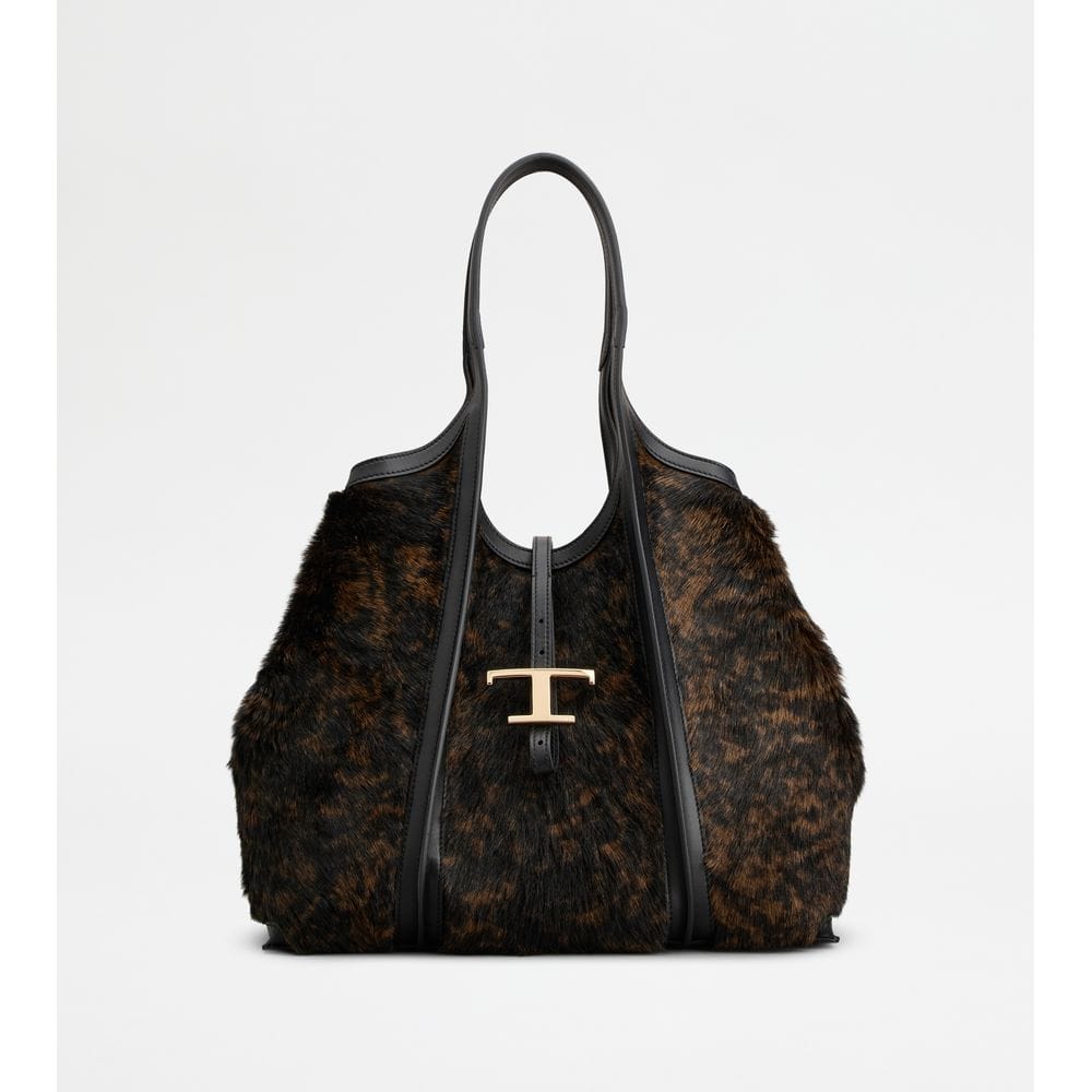 Tod's Tods T Timeless Shopping Bag In Pony Effect Leather Medium Black Brown