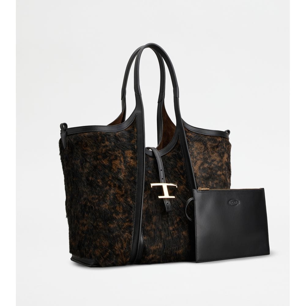 Tod's Tods T Timeless Shopping Bag In Pony Effect Leather Medium Black Brown