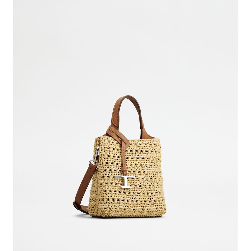 Tod's Tods Micro Bag In Raffia And Leather Beige Brown