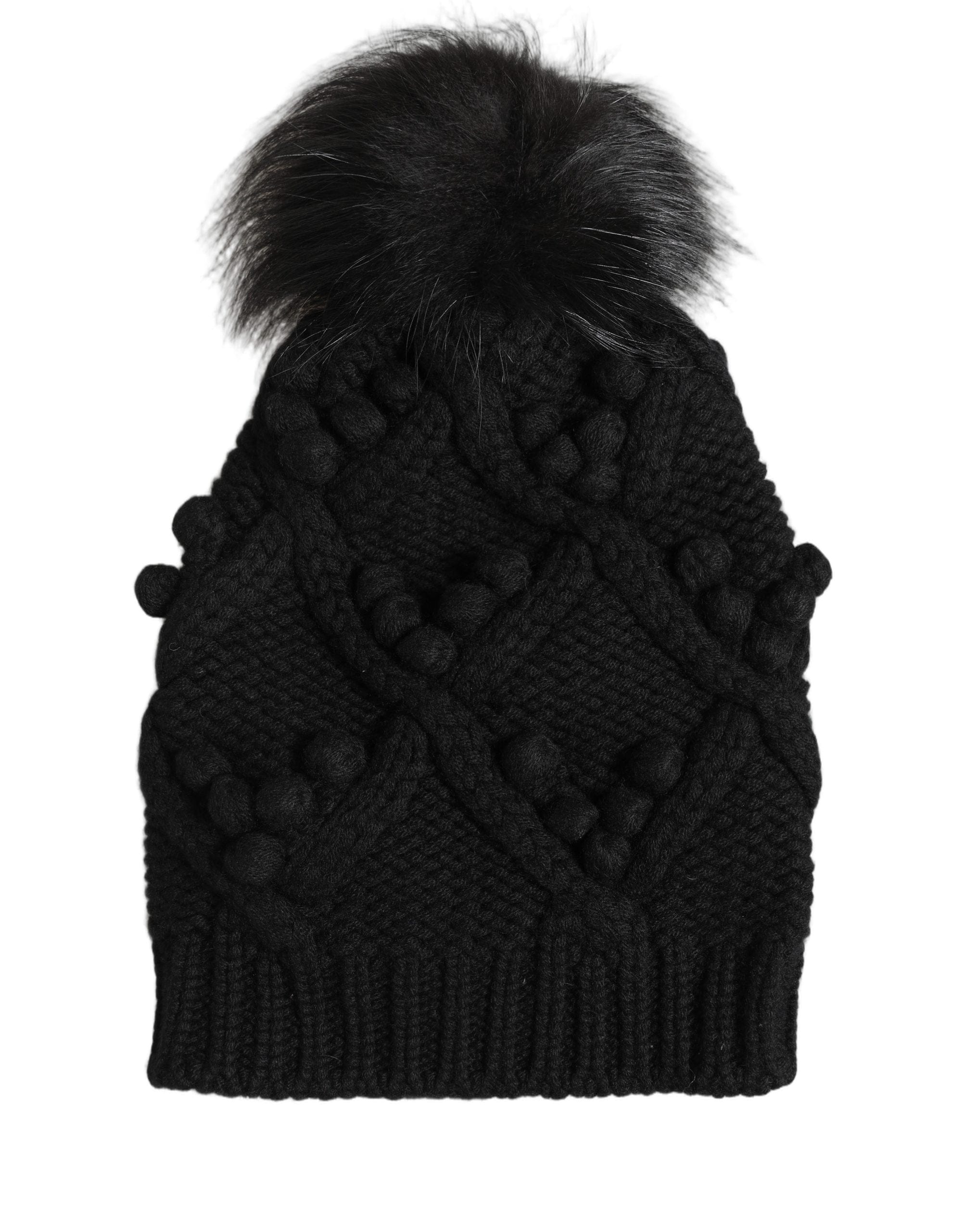 Dolce & Gabbana Black Cashmere Knitted Fur Pom - Pom Beanie One Size Women's Hat