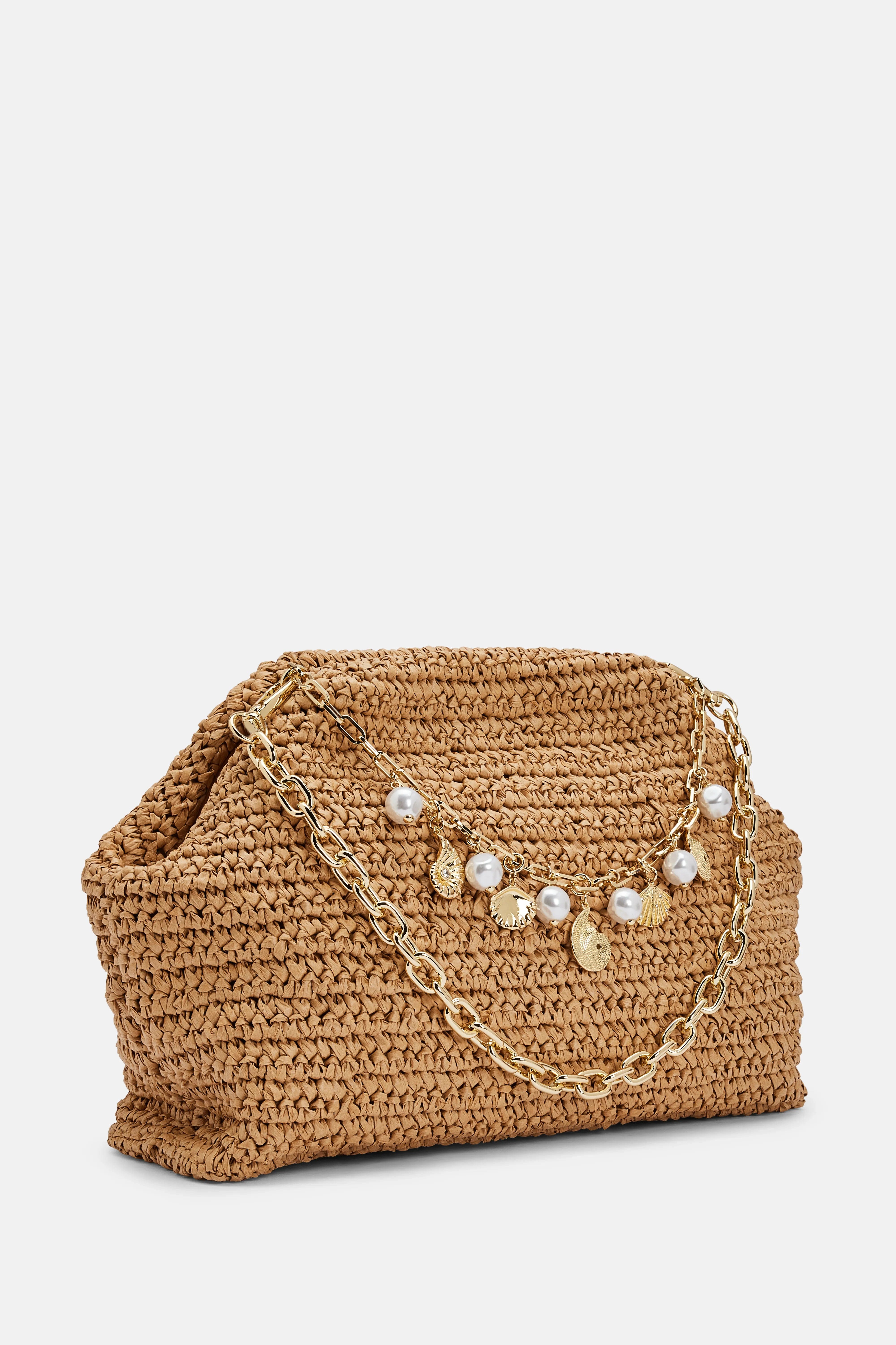 Self Portrait Raffia Charm Shoulder Bag in Brown