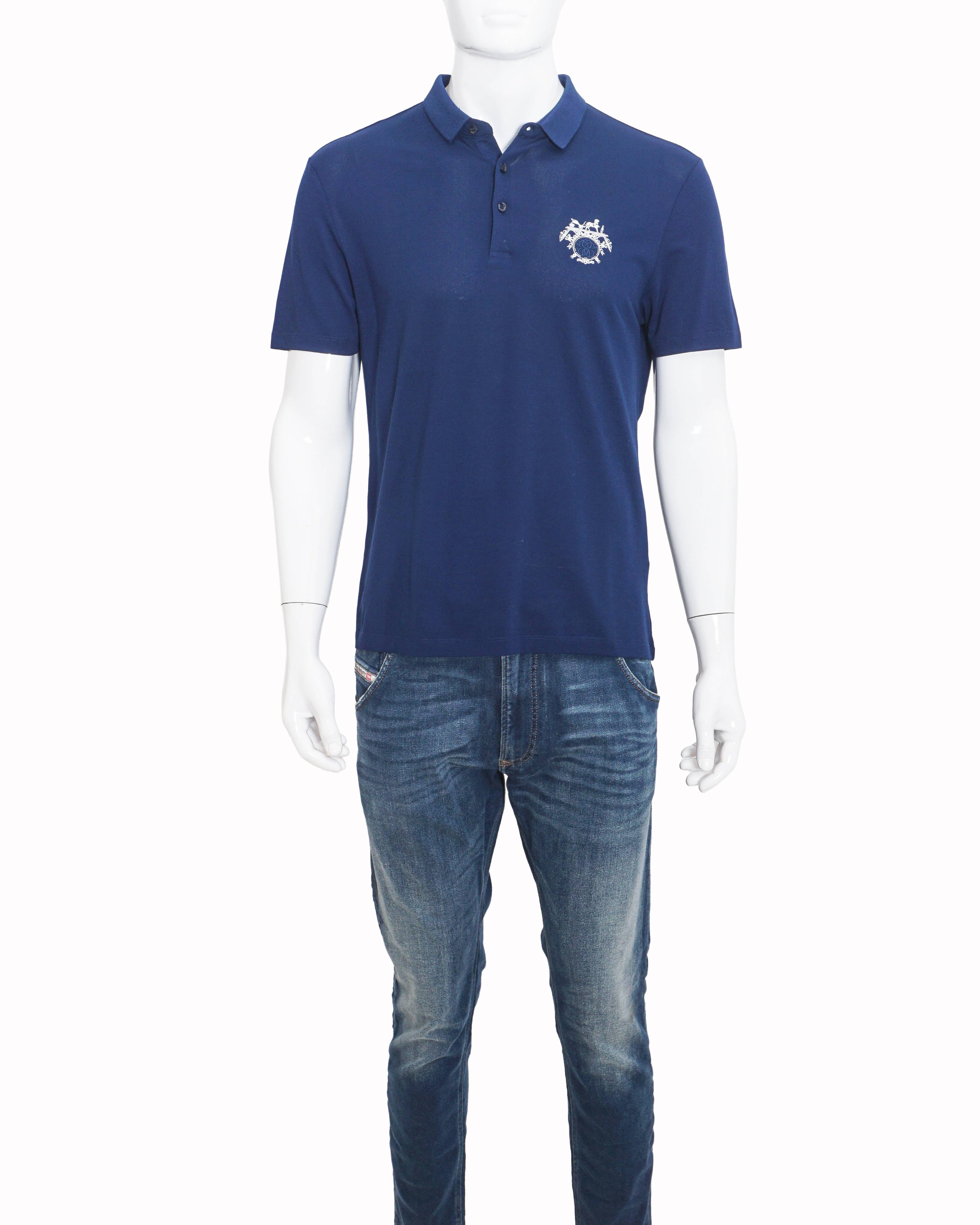 Hermès Royal Blue Embroidered Crest Polo T - Shirt