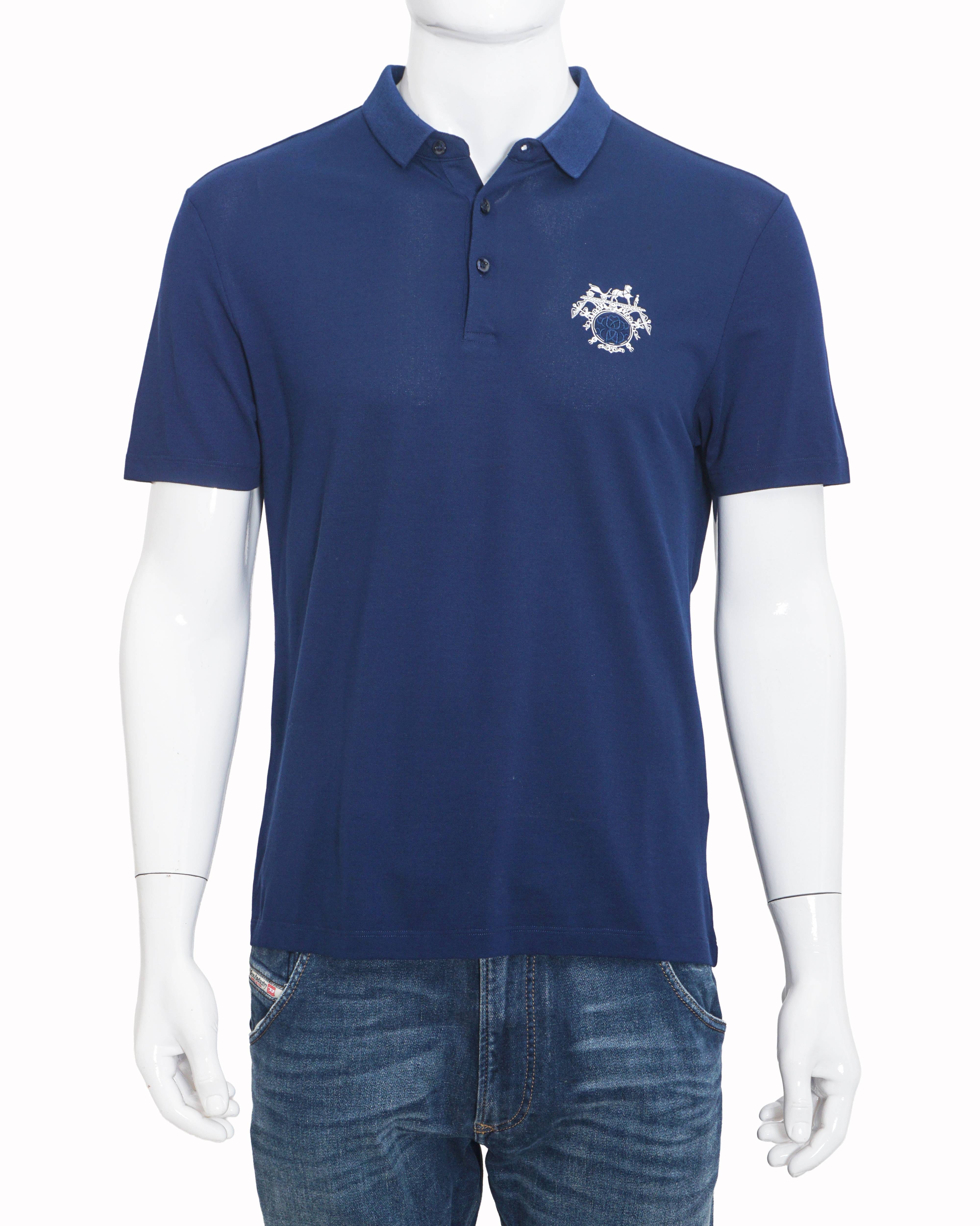 Hermès Royal Blue Embroidered Crest Polo T - Shirt