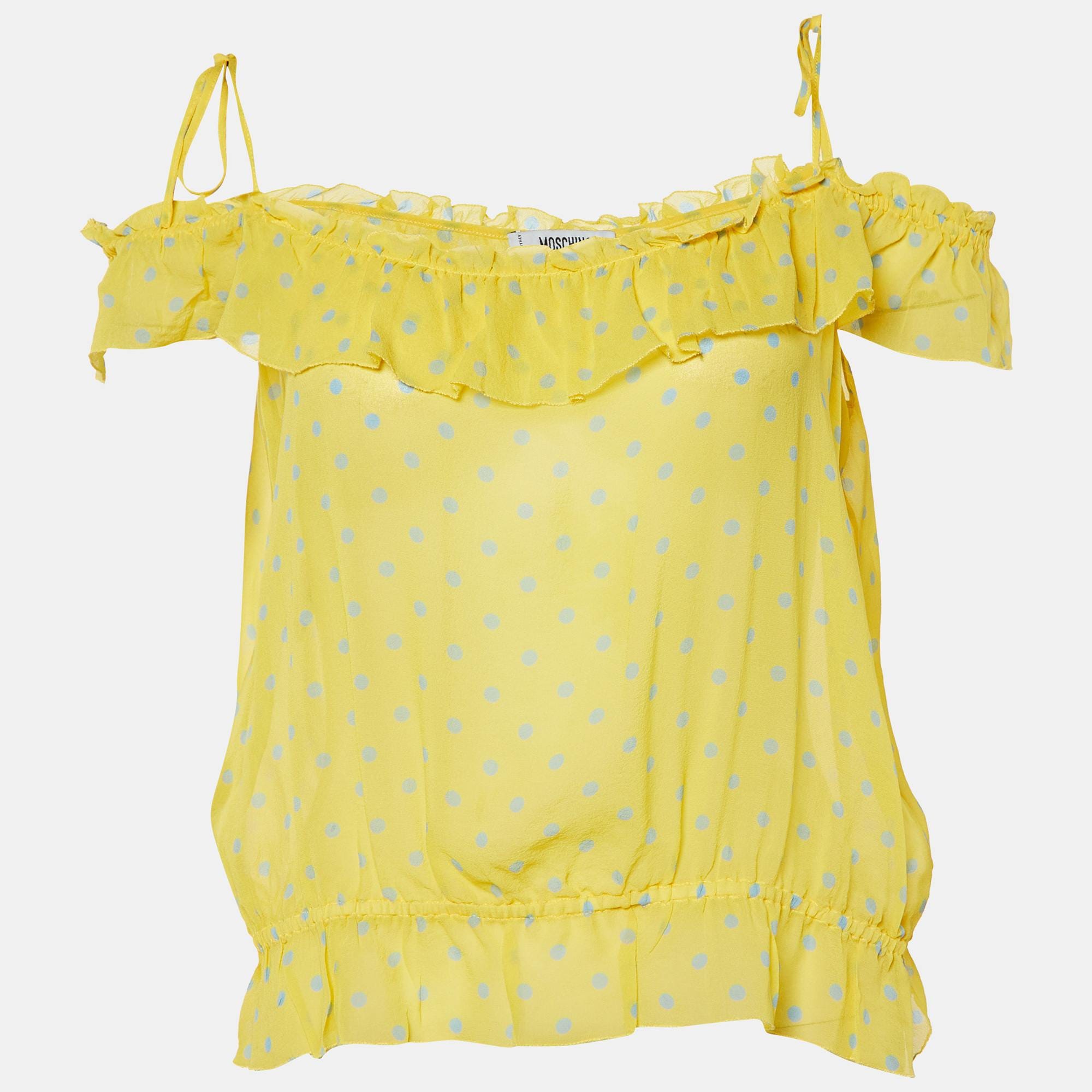Moschino Cheap And Chic Yellow Polka Dot Printed Silk Ruffle Detail Top