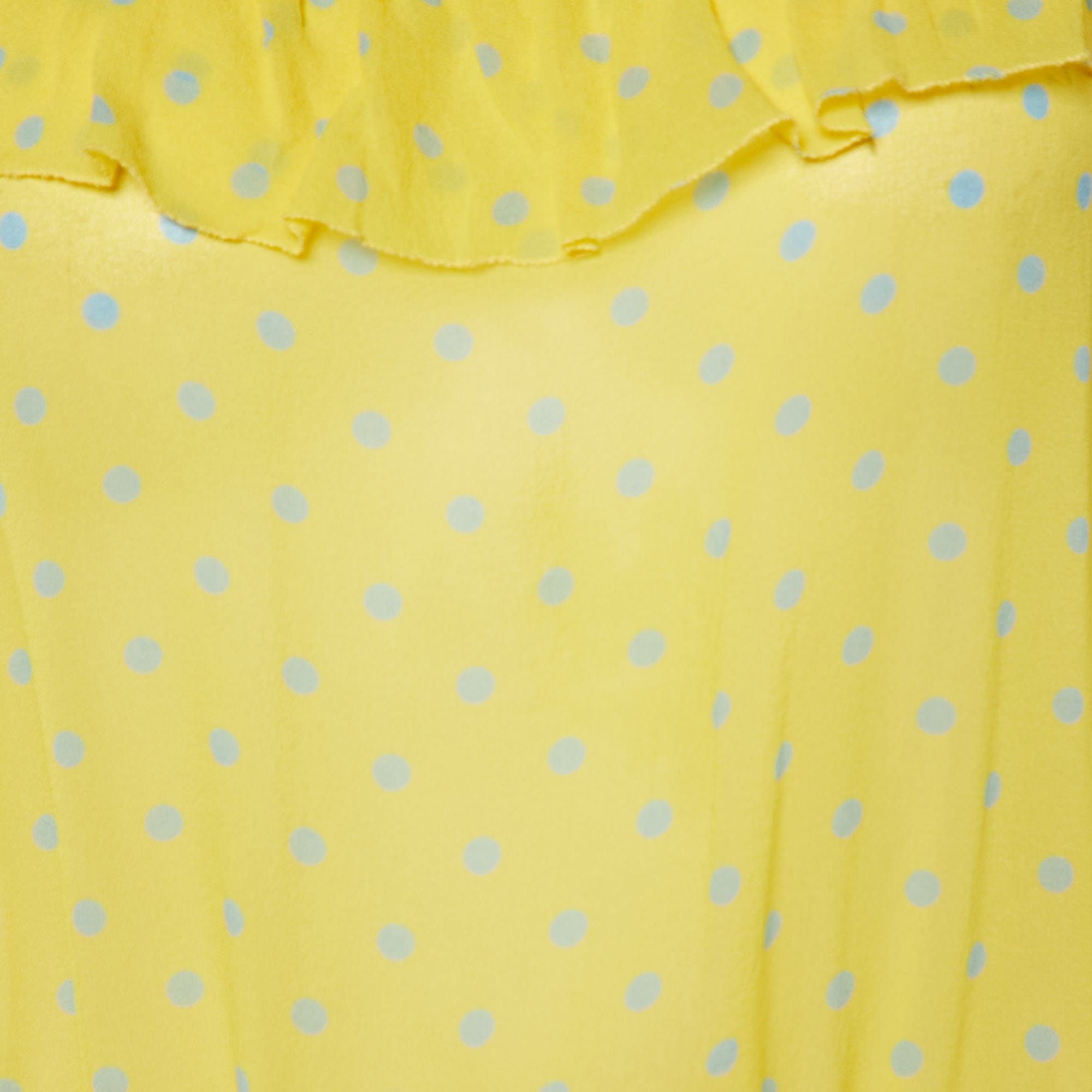 Moschino Cheap And Chic Yellow Polka Dot Printed Silk Ruffle Detail Top