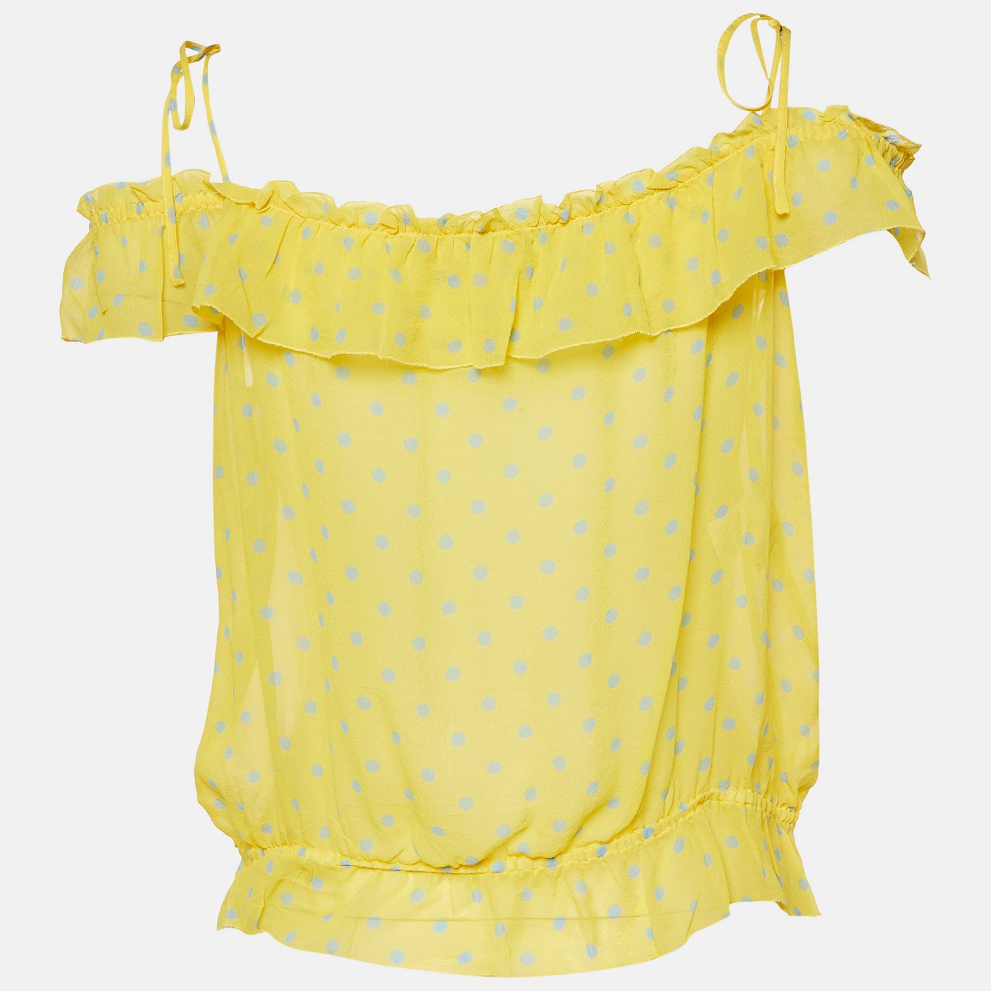Moschino Cheap And Chic Yellow Polka Dot Printed Silk Ruffle Detail Top