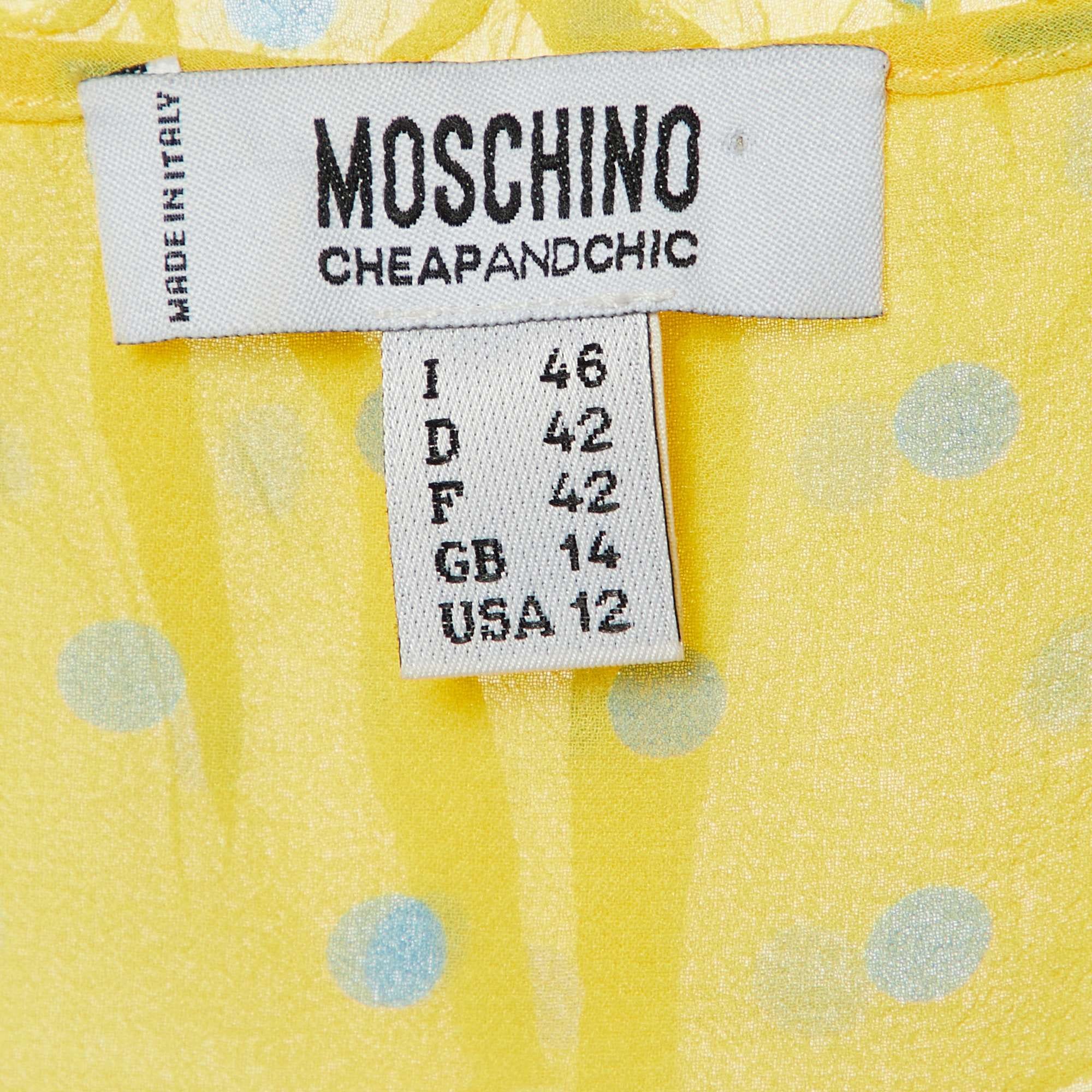 Moschino Cheap And Chic Yellow Polka Dot Printed Silk Ruffle Detail Top