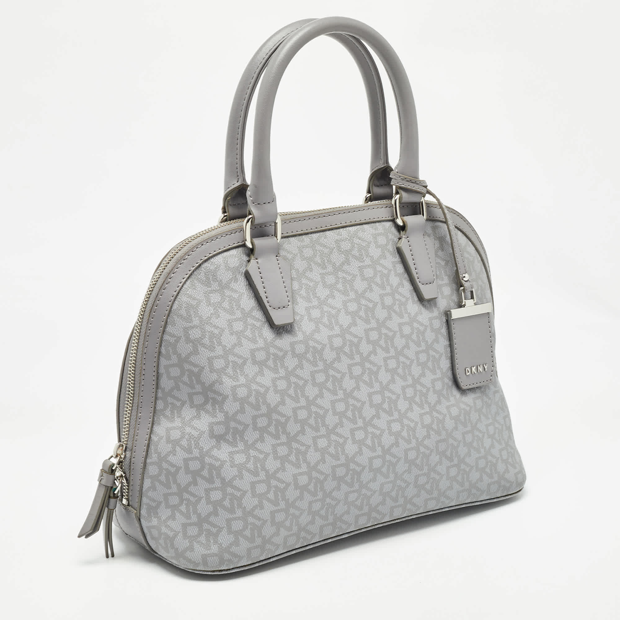 Dkny Grey Signature Coated Canvas And Leather Dome Satchel