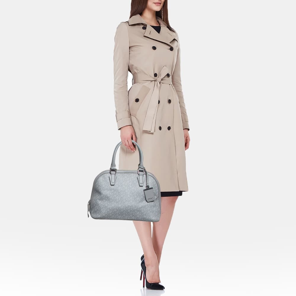 Dkny Grey Signature Coated Canvas And Leather Dome Satchel