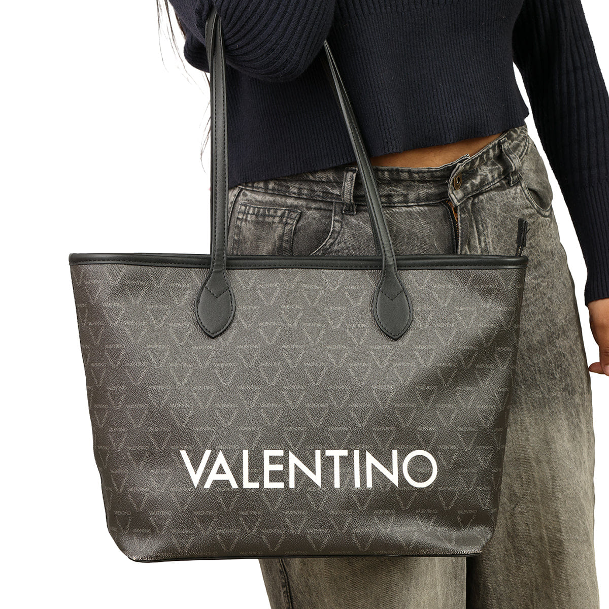 MARIO VALENTINO BLACK LIUTO LOGO TOTE BAG