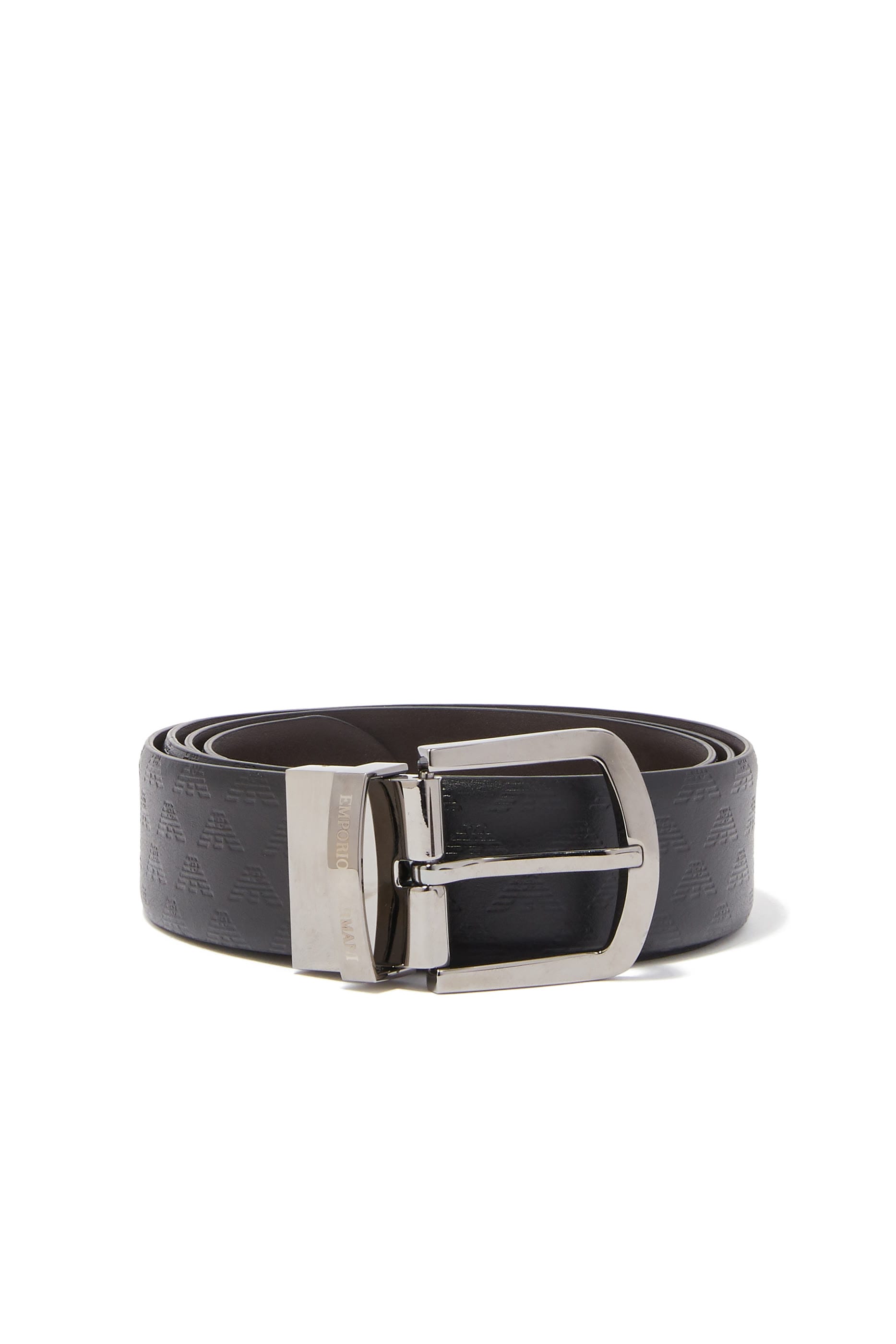 Emporio Armani All - Over Logo Reversible Leather Buckle Belt