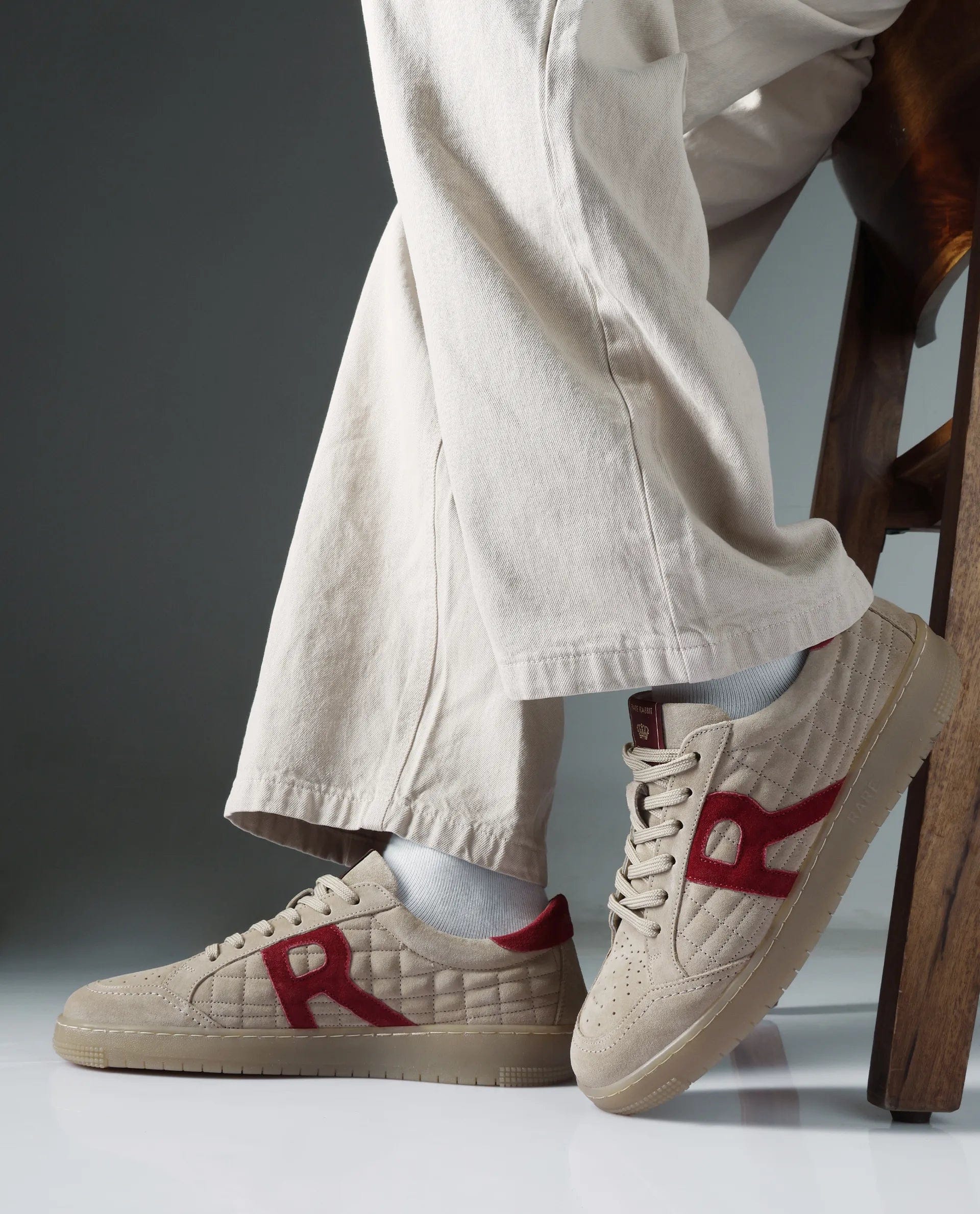 RAREZ Rare Rabbit Men Quilt Beige Premium Suede Fabric Low - Top Lace Up Quilted Sneaker Shoes