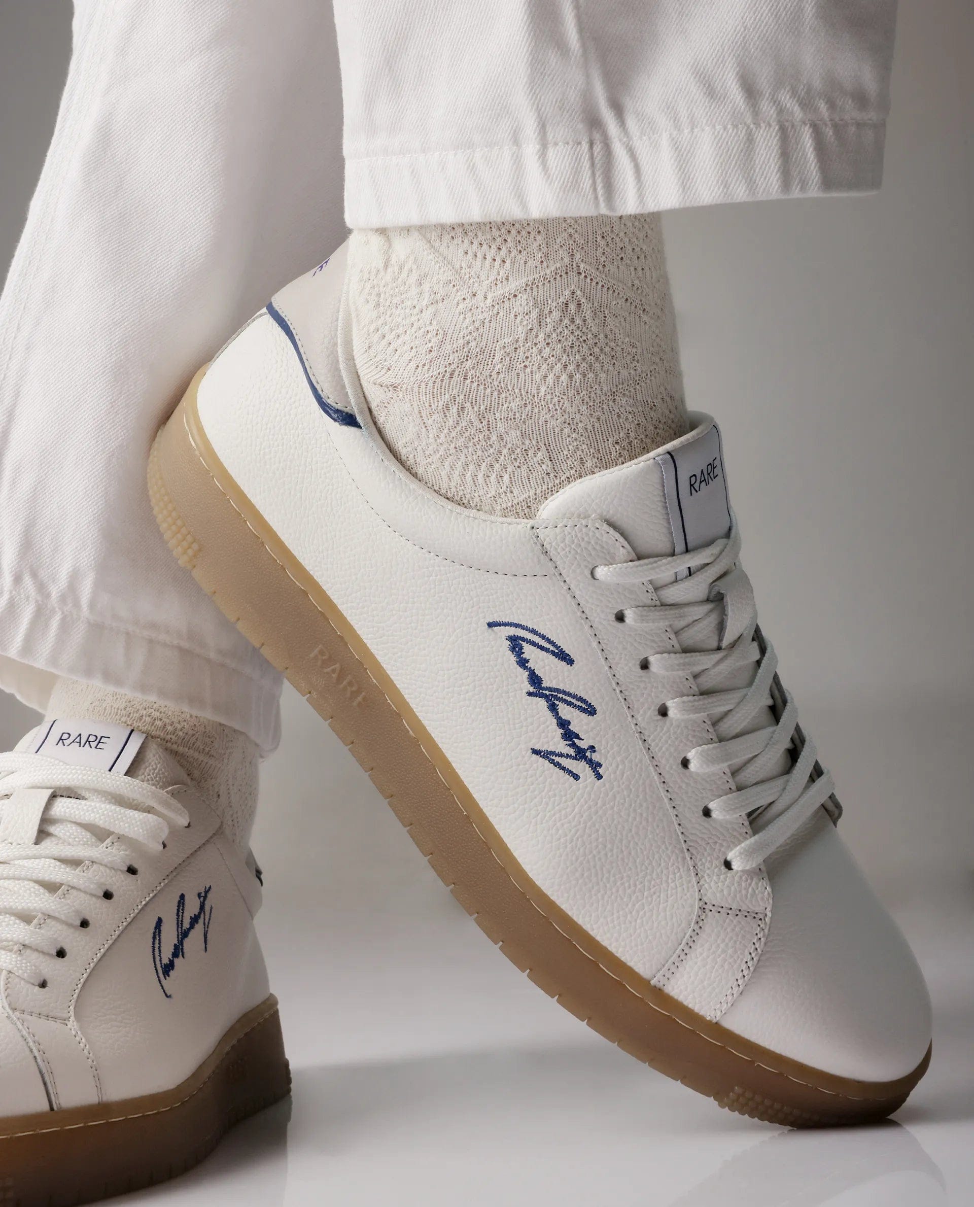 RAREZ Rare Rabbit Men Elliot White Genuine Leather Embroidered Signature Low - Top Lace - Up Closure Sneaker