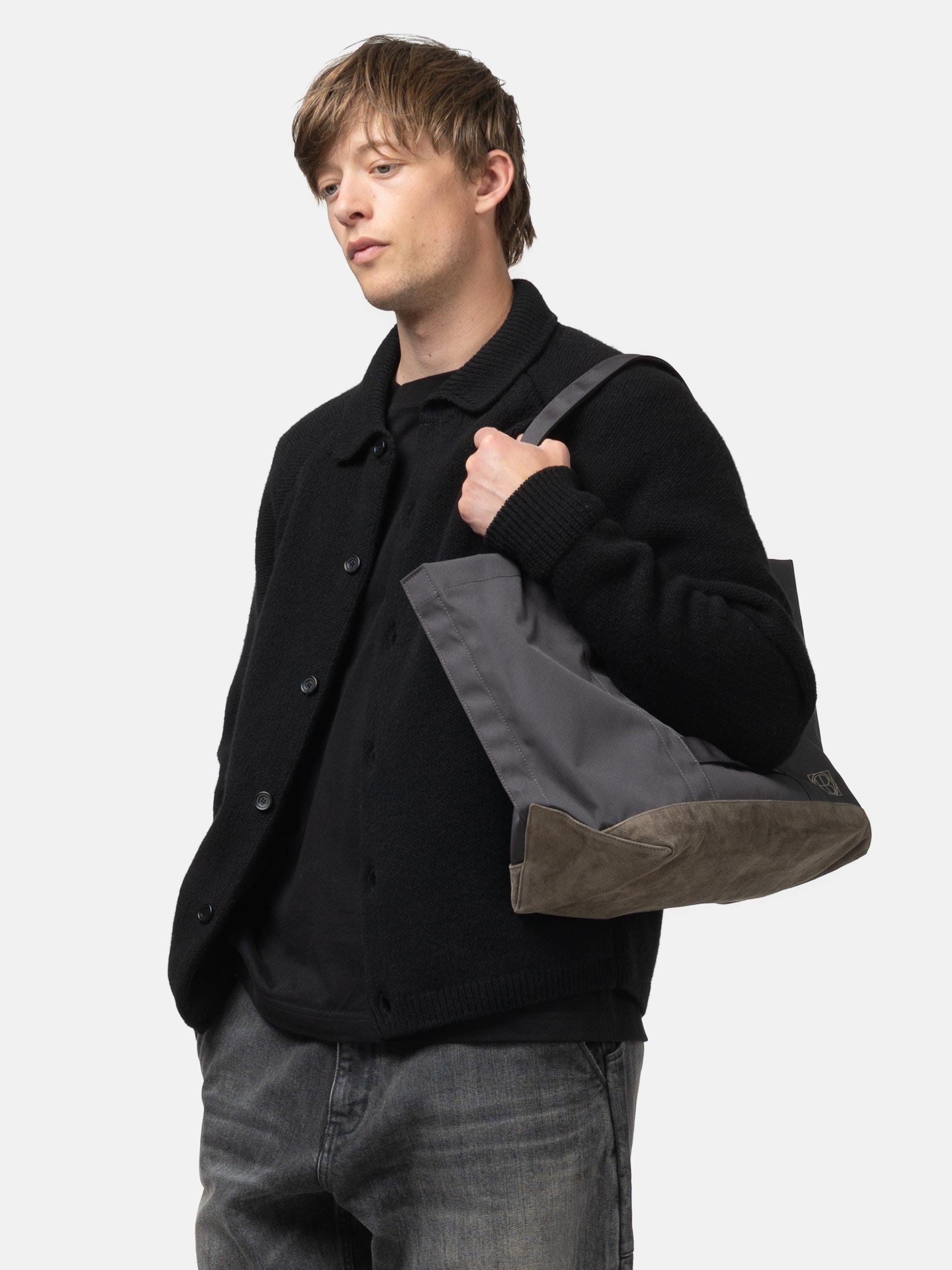 Hobo Tote Bag Polyester Oxford Cordura with Suede Charcoal
