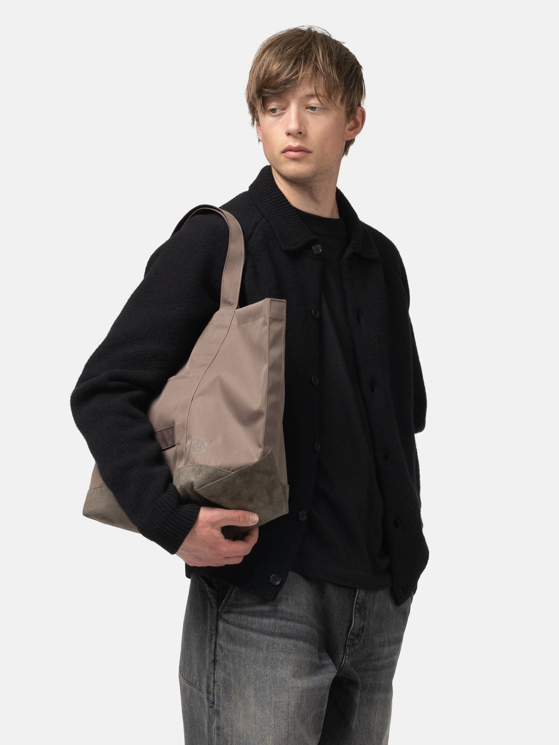 Hobo Tote Bag Polyester Oxford Cordura with Suede Taupe