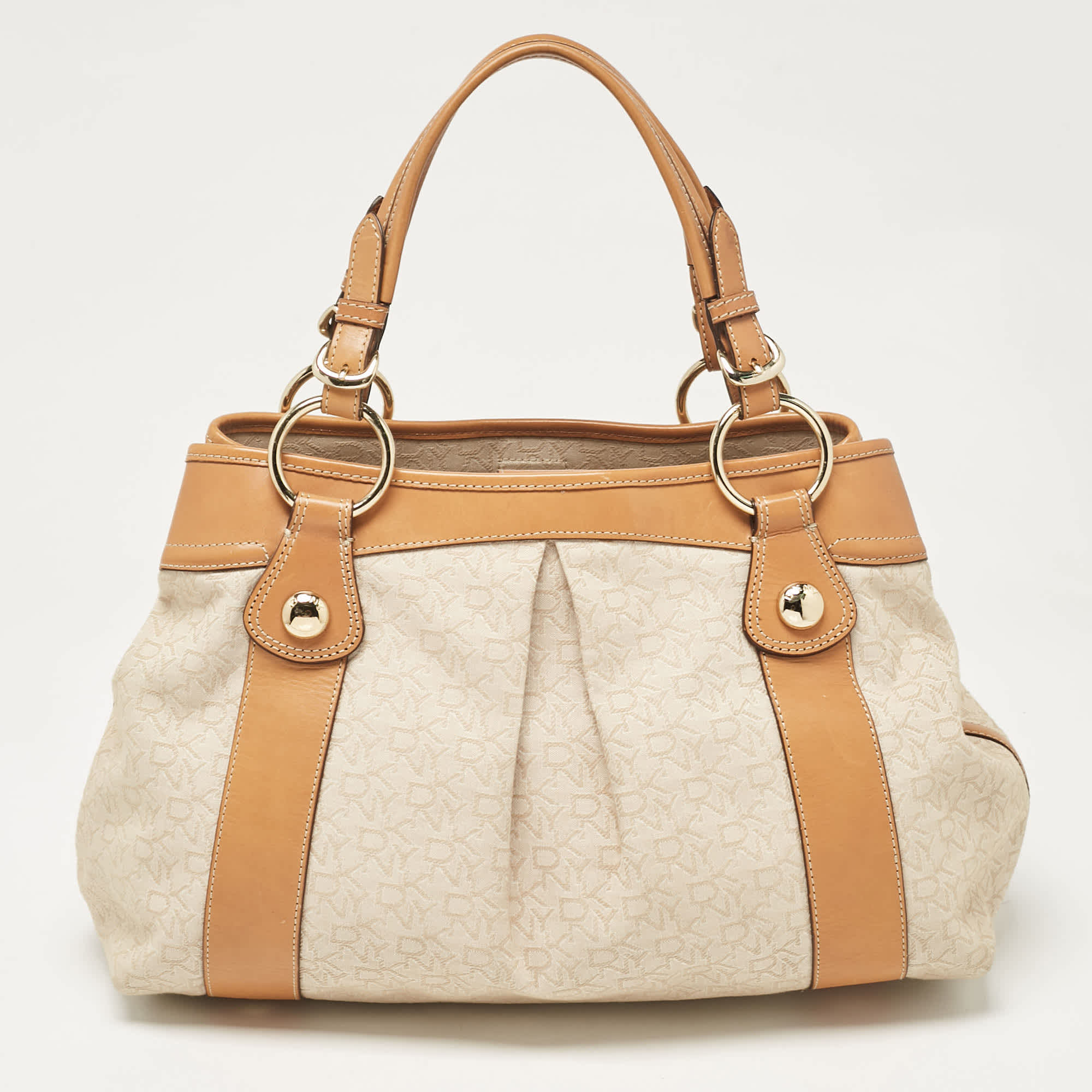 Monogram Dkny Beige/brown Monogram Canvas And Leather Front Zip Tote