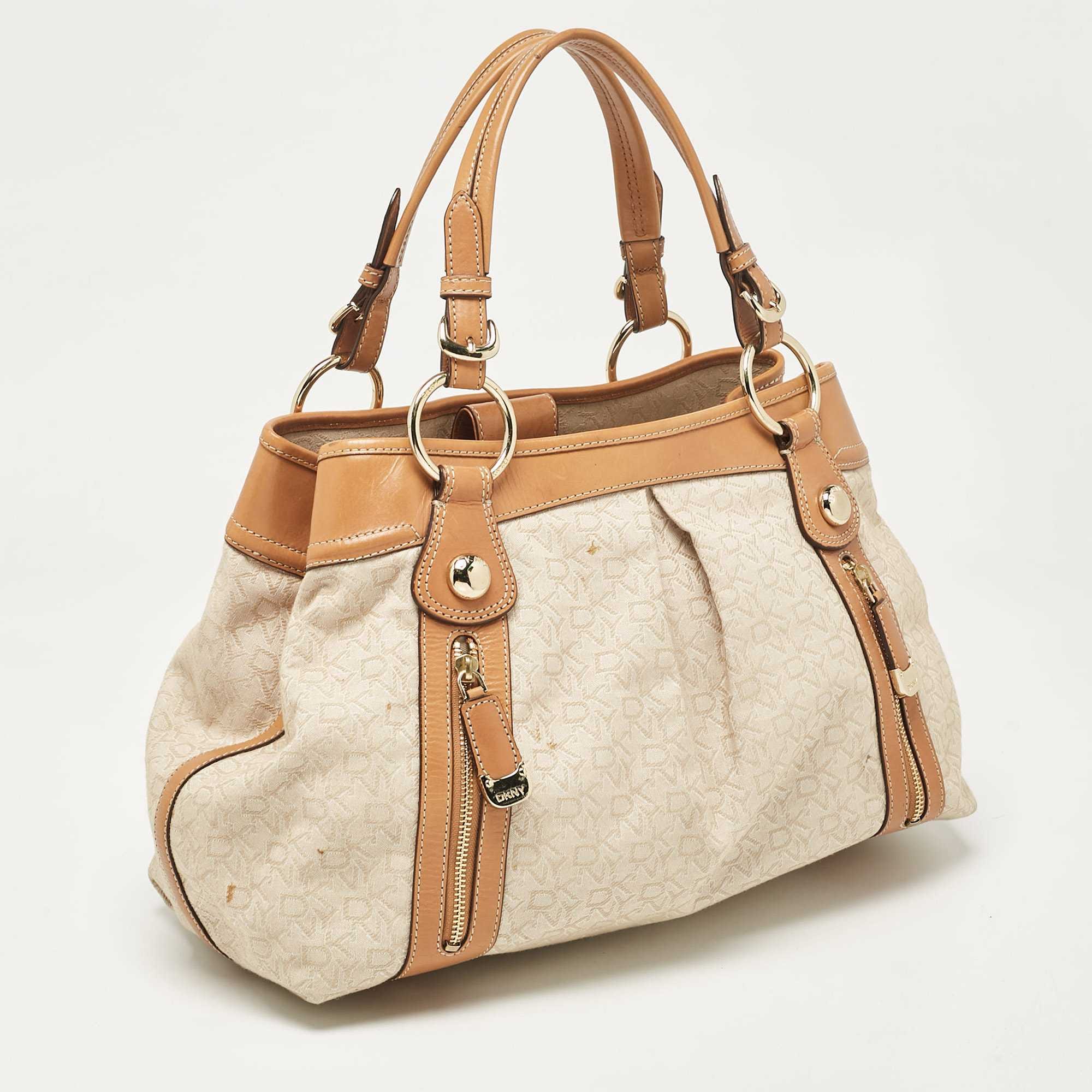 Monogram Dkny Beige/brown Monogram Canvas And Leather Front Zip Tote