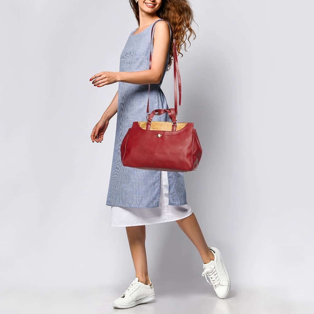 Alviero Martini 1A Classe Red/beige Geo Print Coated Canvas And Leather Tote