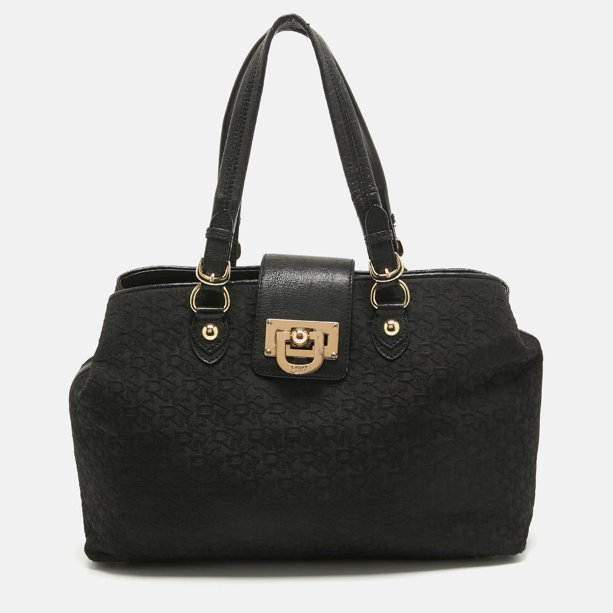 Monogram Dkny Black Monogram Canvas And Leather Flap Tote