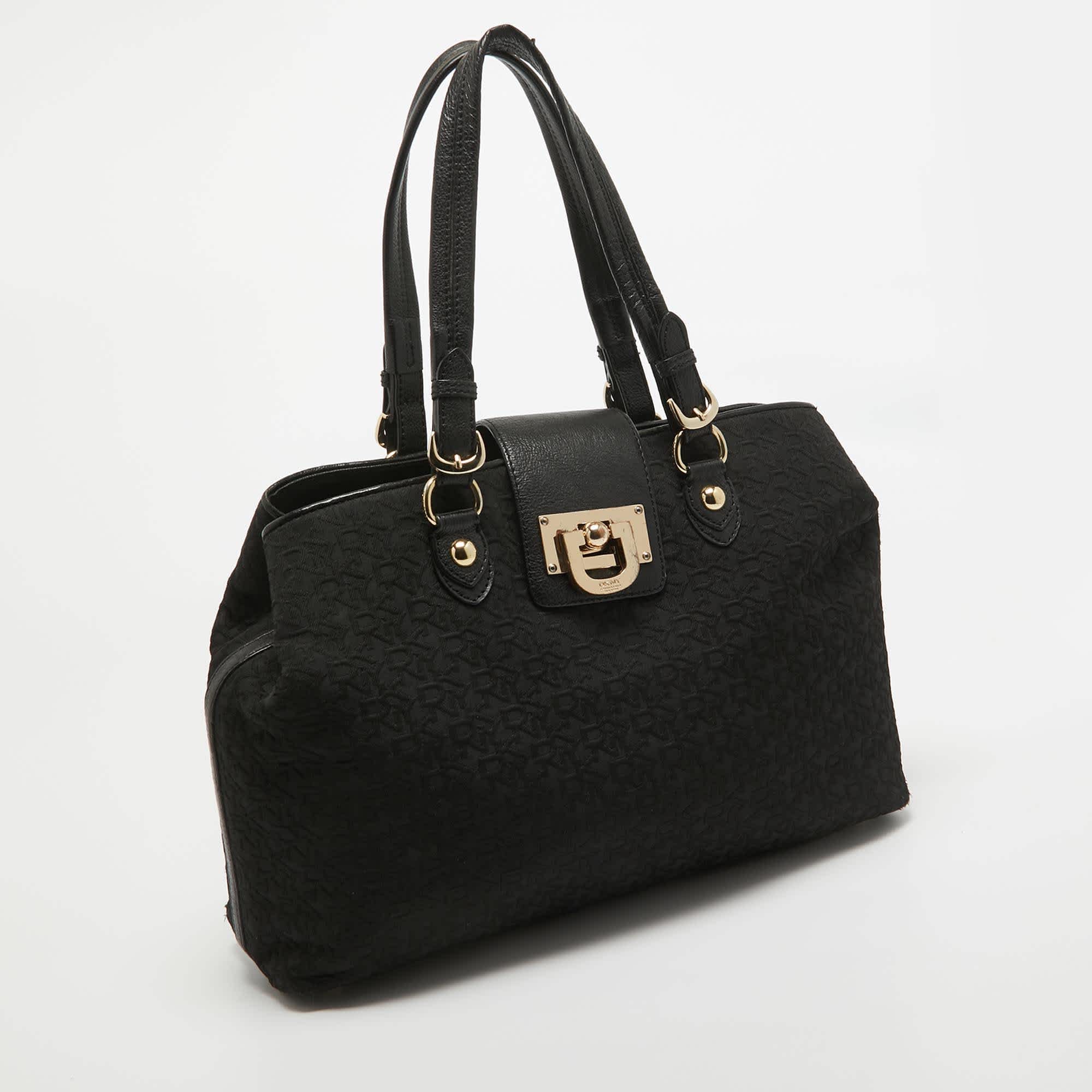Monogram Dkny Black Monogram Canvas And Leather Flap Tote