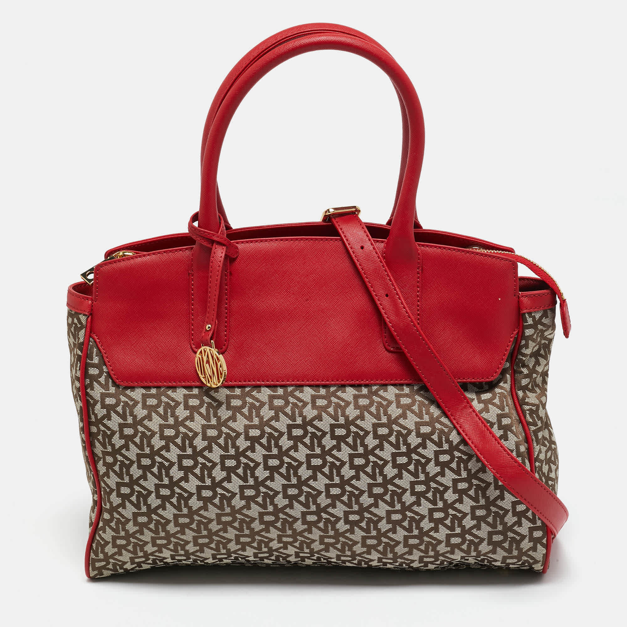 Monogram Dkny Red/beige Monogram Fabric And Leather Zip Tote