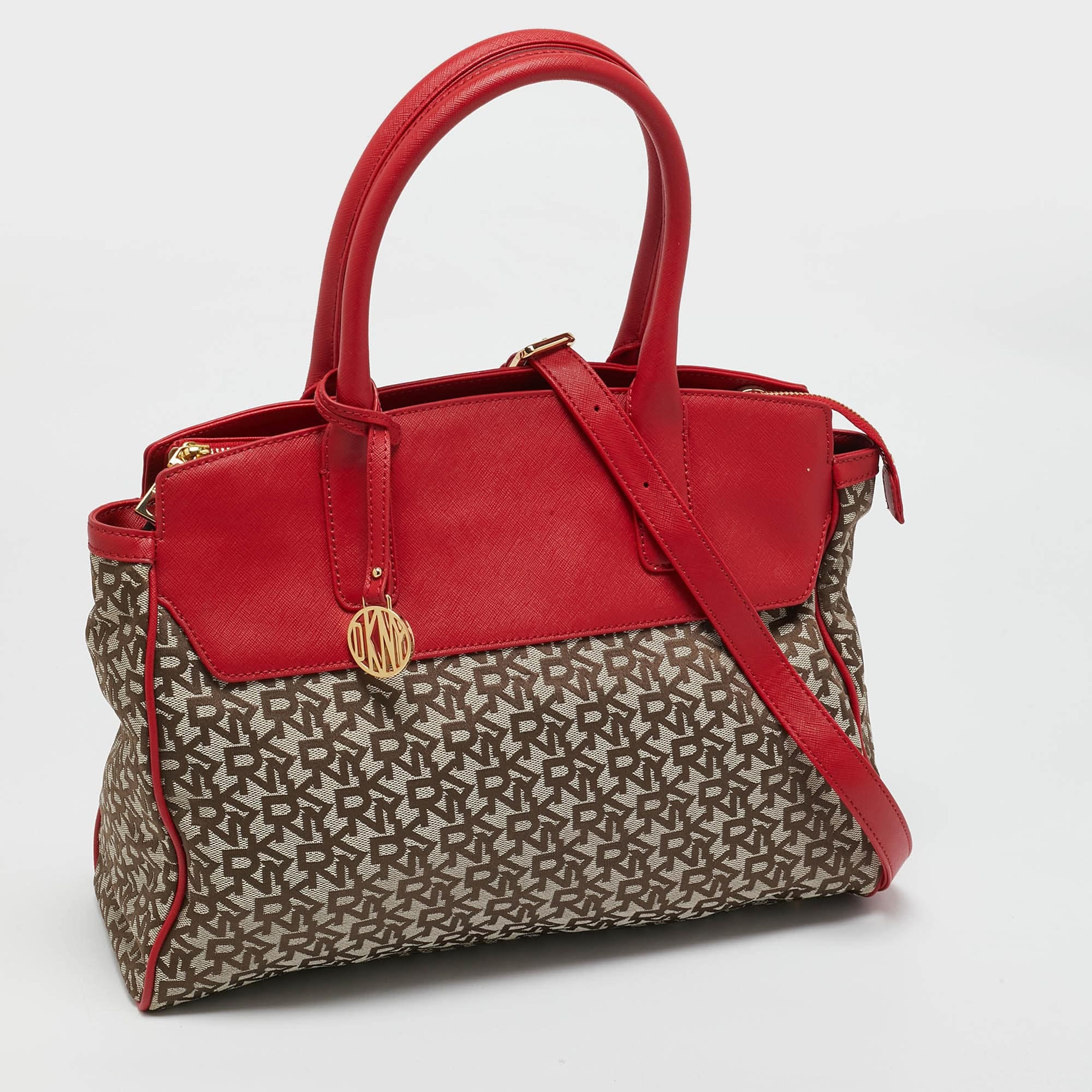 Monogram Dkny Red/beige Monogram Fabric And Leather Zip Tote