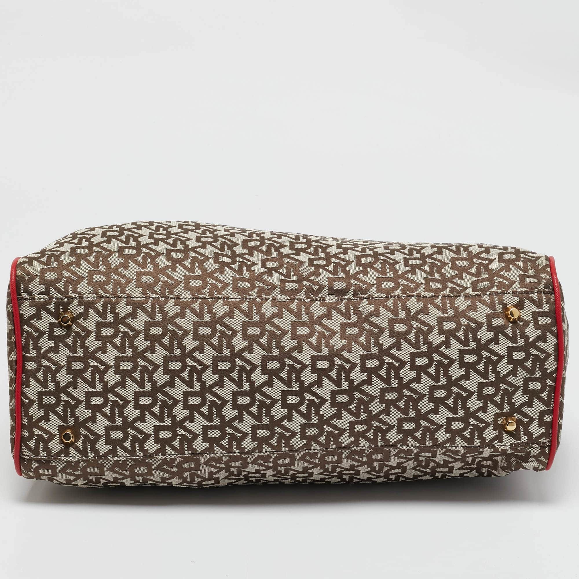 Monogram Dkny Red/beige Monogram Fabric And Leather Zip Tote
