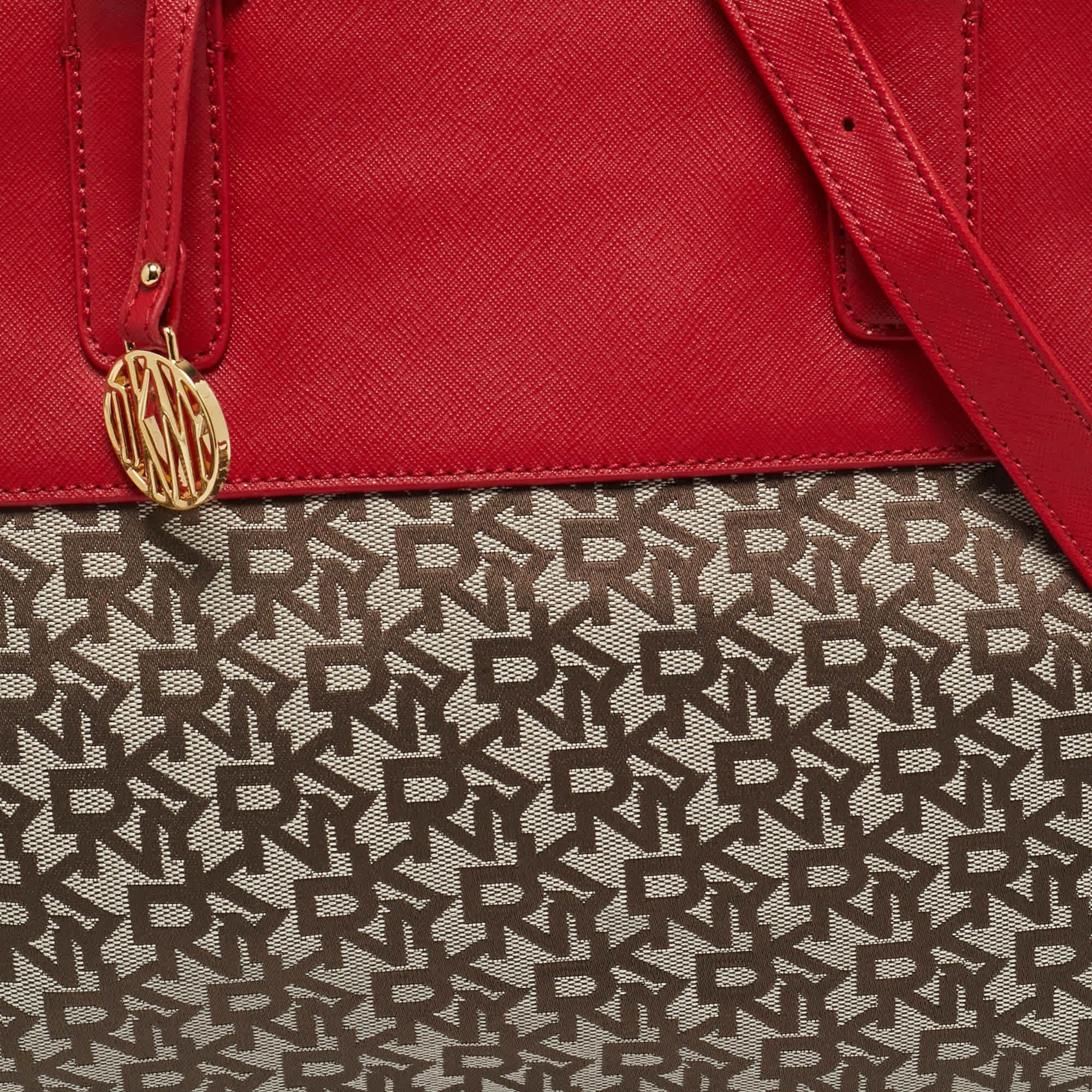 Monogram Dkny Red/beige Monogram Fabric And Leather Zip Tote
