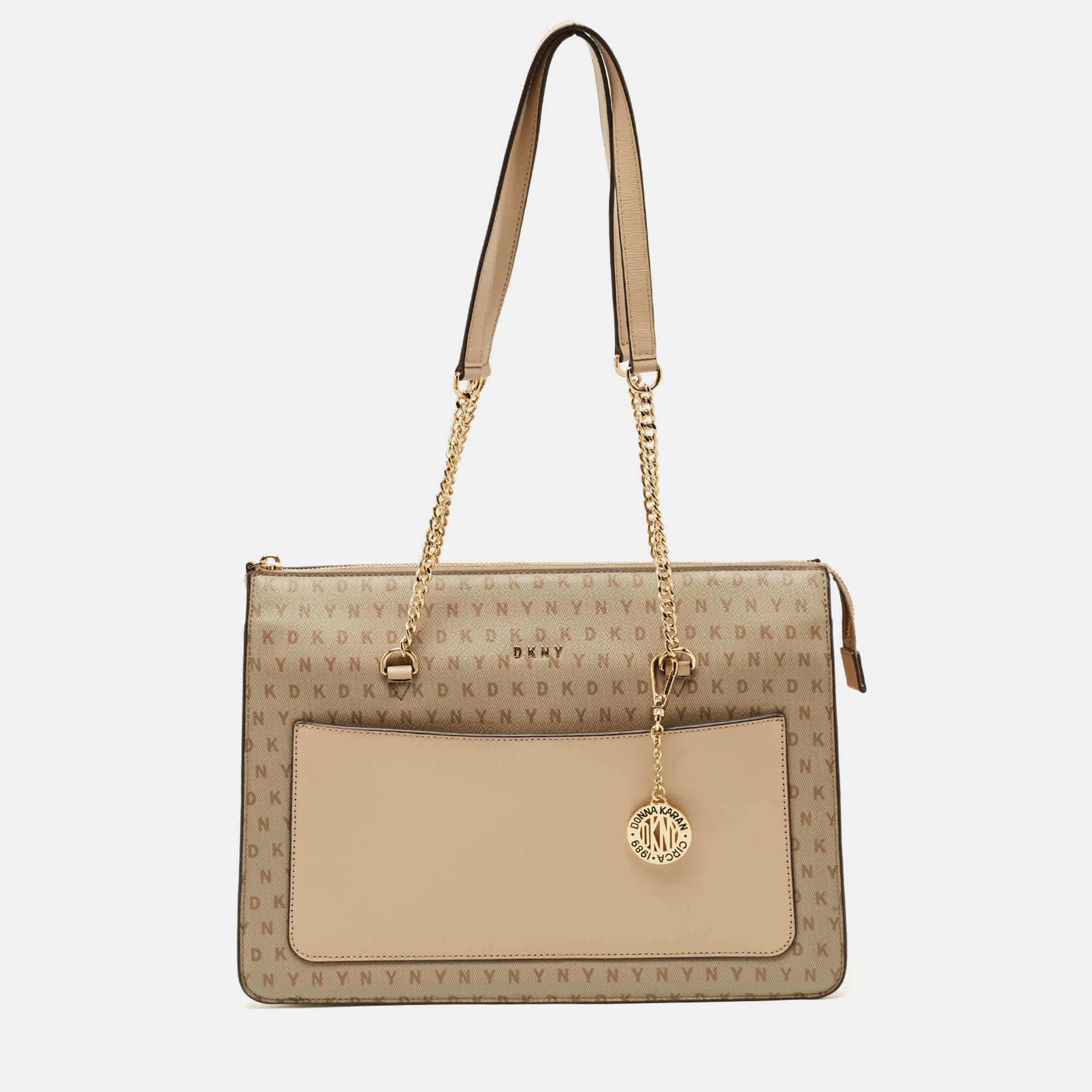 Monogram Dkny Beige Monogram Coated And Leather Large Bryant Chain Zip Tote