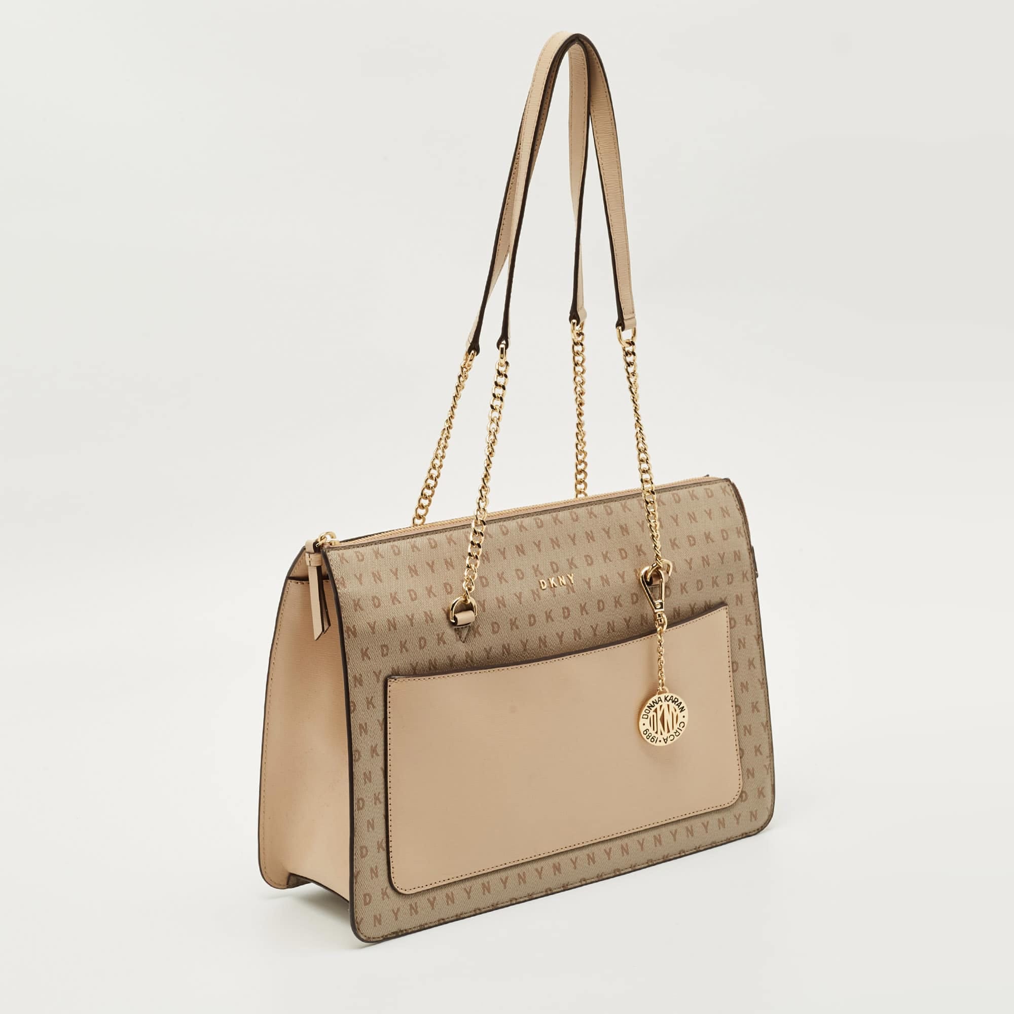 Monogram Dkny Beige Monogram Coated And Leather Large Bryant Chain Zip Tote